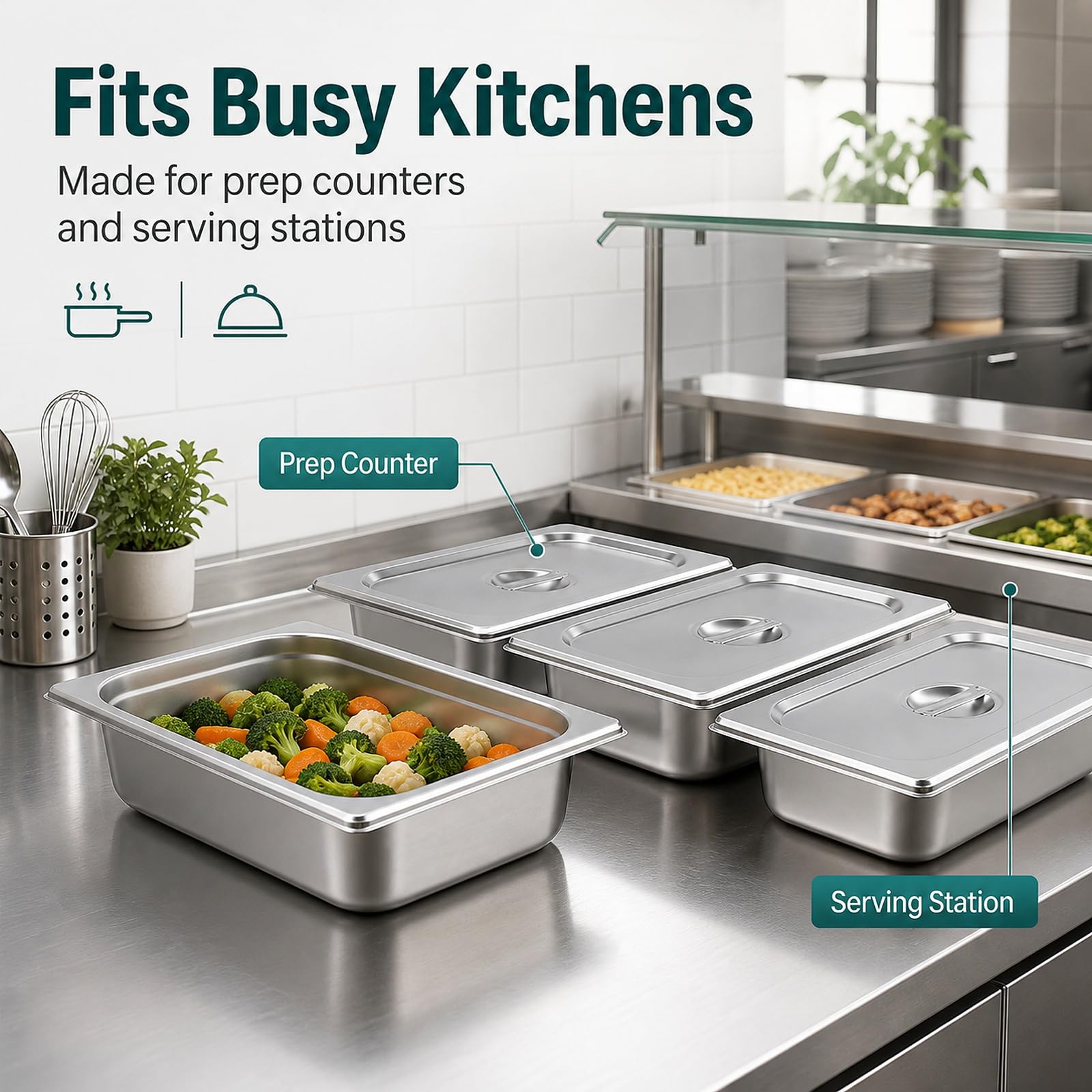 WOPPLXY 4 contenitori per gastro, 32,5 x 17,5 x 6,5 cm, in acciaio inox con coperchio, contenitore GN 1/3 per carne e pesce