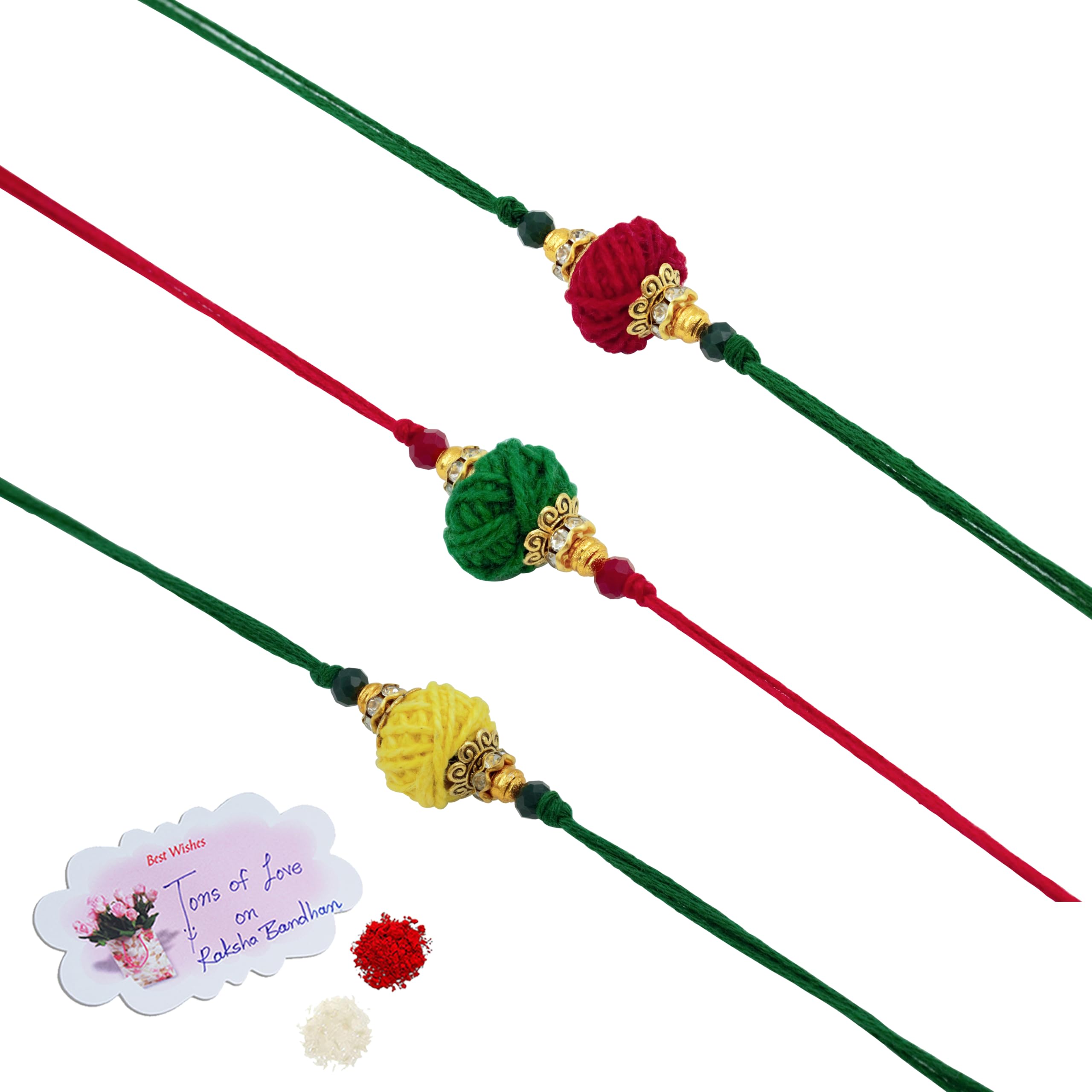Jewellery for Less Set of 3 Handmade Thread Ball Rakhi for Brother | Woolen Yarn Bead with Crystal Stone & Gold Tone Decorative Caps | Red, Green & Yellow Traditional Raksha Bandhan Rakhi | Premium Bhai Rakhi Gift Set-image-38