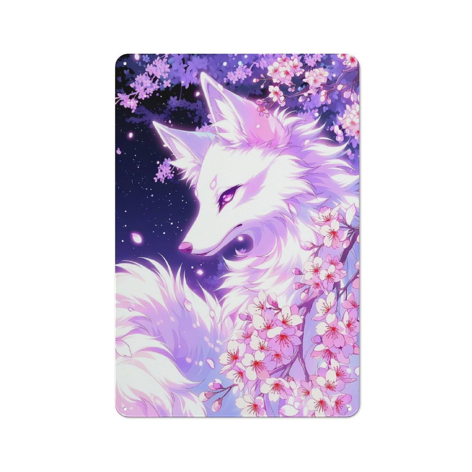 Junmoney Style-24 White Fox With Cherry Blossoms Retro Metal Wall Decor 30X20cm, Vintage Metal Sign For Coffee Bar, Small Shop Or Dining Room