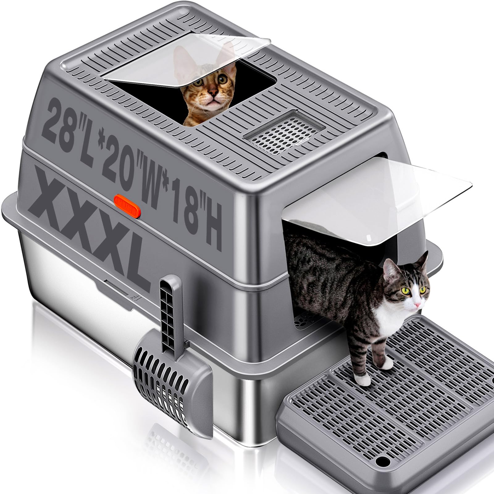 XXXL Stainless Steel Litter Box with Lid，Extra Large 28"L*20"W*18.1"H Metal Cat Litter Boxs,Jumbo Enclosed Removable Litter Box High Sides For Big