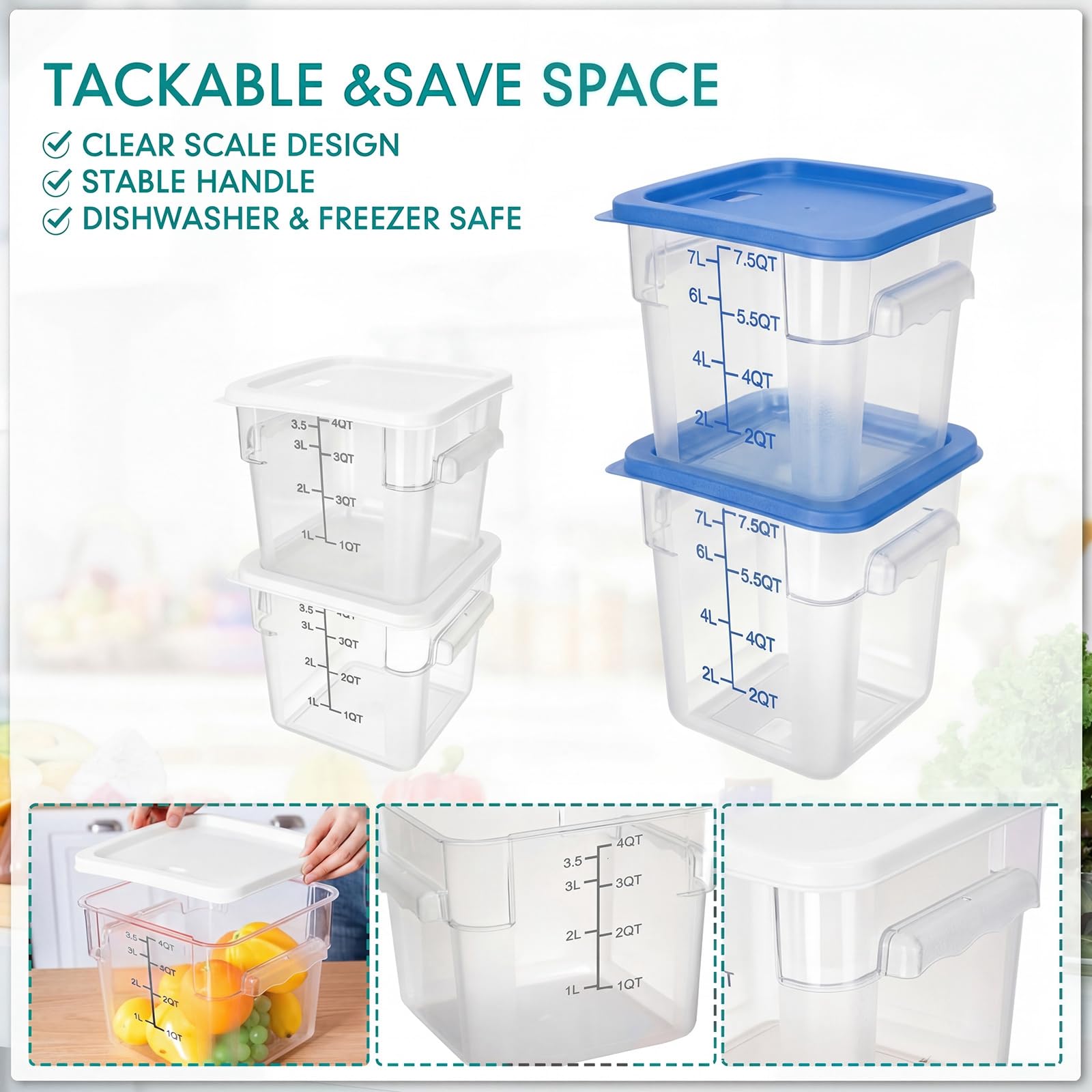 Lallisa Transparente Frischhaltedosen mit Deckel, Griffen und Waage, handelsübliche Qualität, quadratisch, luftdicht, für Zuhause, Küche, Restaurant, 4 Stück, 8 l und 4 l (Weiß, Blau)