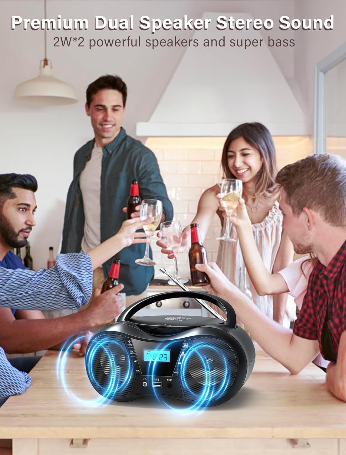 Boombox Portable CD Players for Home with Bluetooth, Boombox FM Radio Combo, Stereo Sound, AC/Battery Powered, CD-R/RW Compatible (Black)