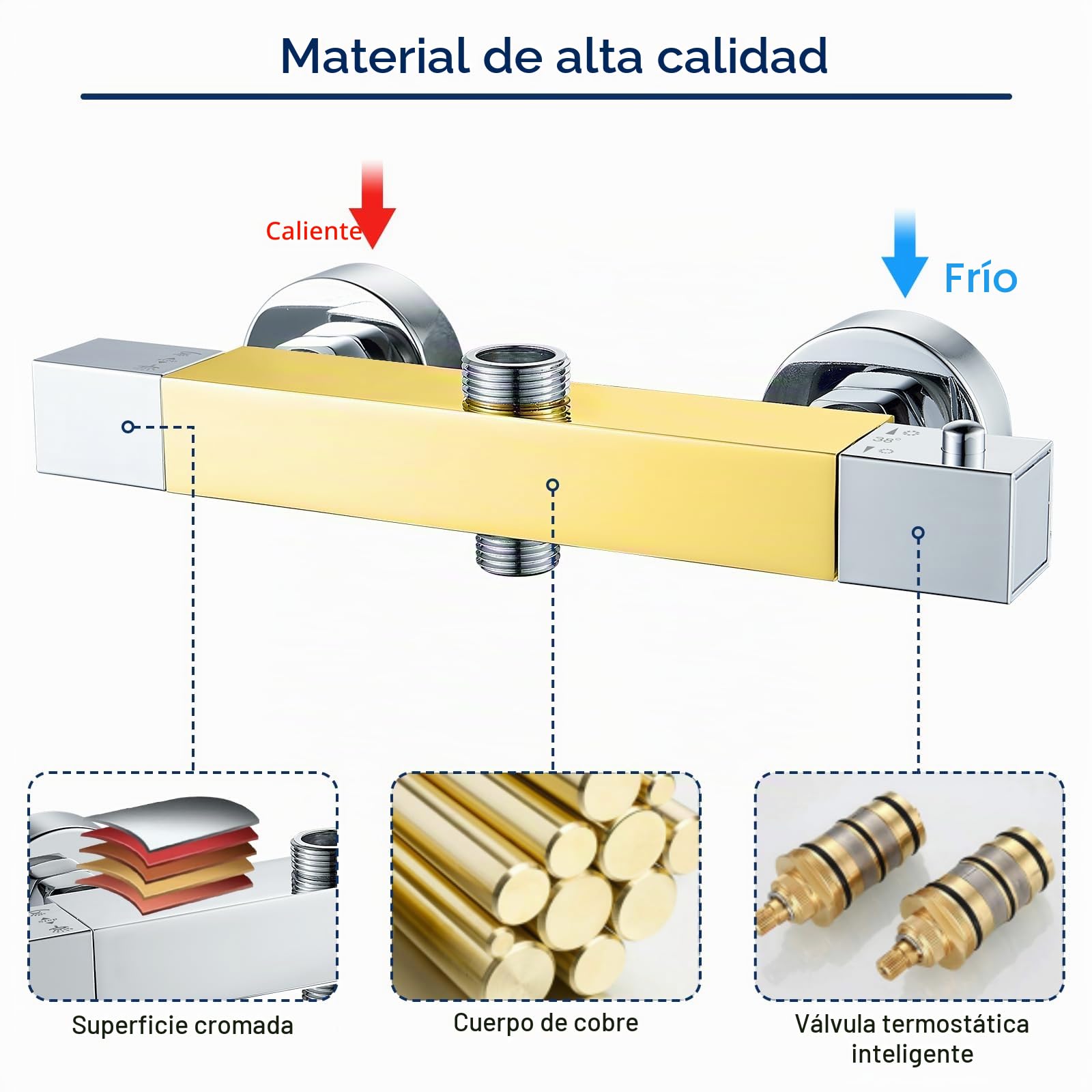 Bevanckly Grifo de ducha termostático, en latón 2 salidas cromadas superior 3/4" BSP (26,4 mm) + inferior 1/2" BSP (21 mm)