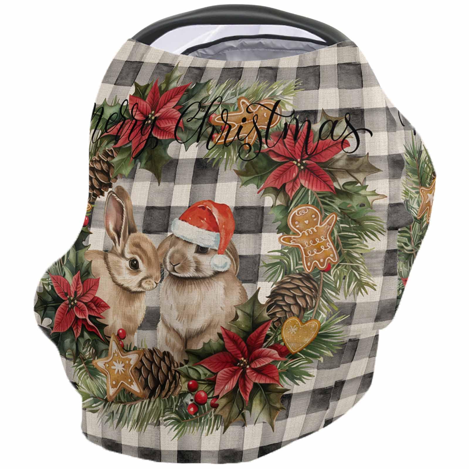 Nursing Cover for Breastfeeding Scarf, Santa Hat Rabbits Xmas Wreath Gray Checkered Baby Car Covers Super Soft Multi Use for Canopy Shopping Cart Cover Blanket Stroller Cover