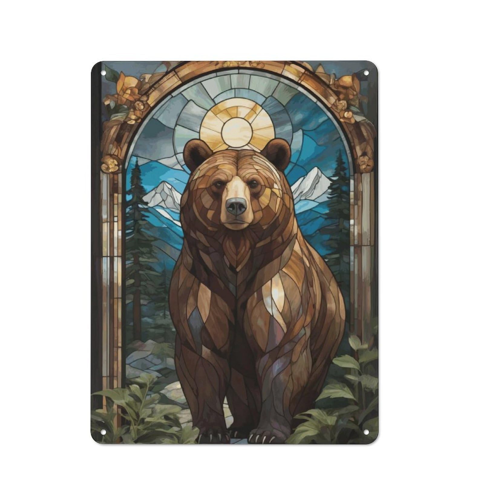 Junmoney Bear Stained Glass Industrial-Style Tin Sign 40X30cm For Garage Or Workshop, For Garage, Workshop And Man Cave Decoration