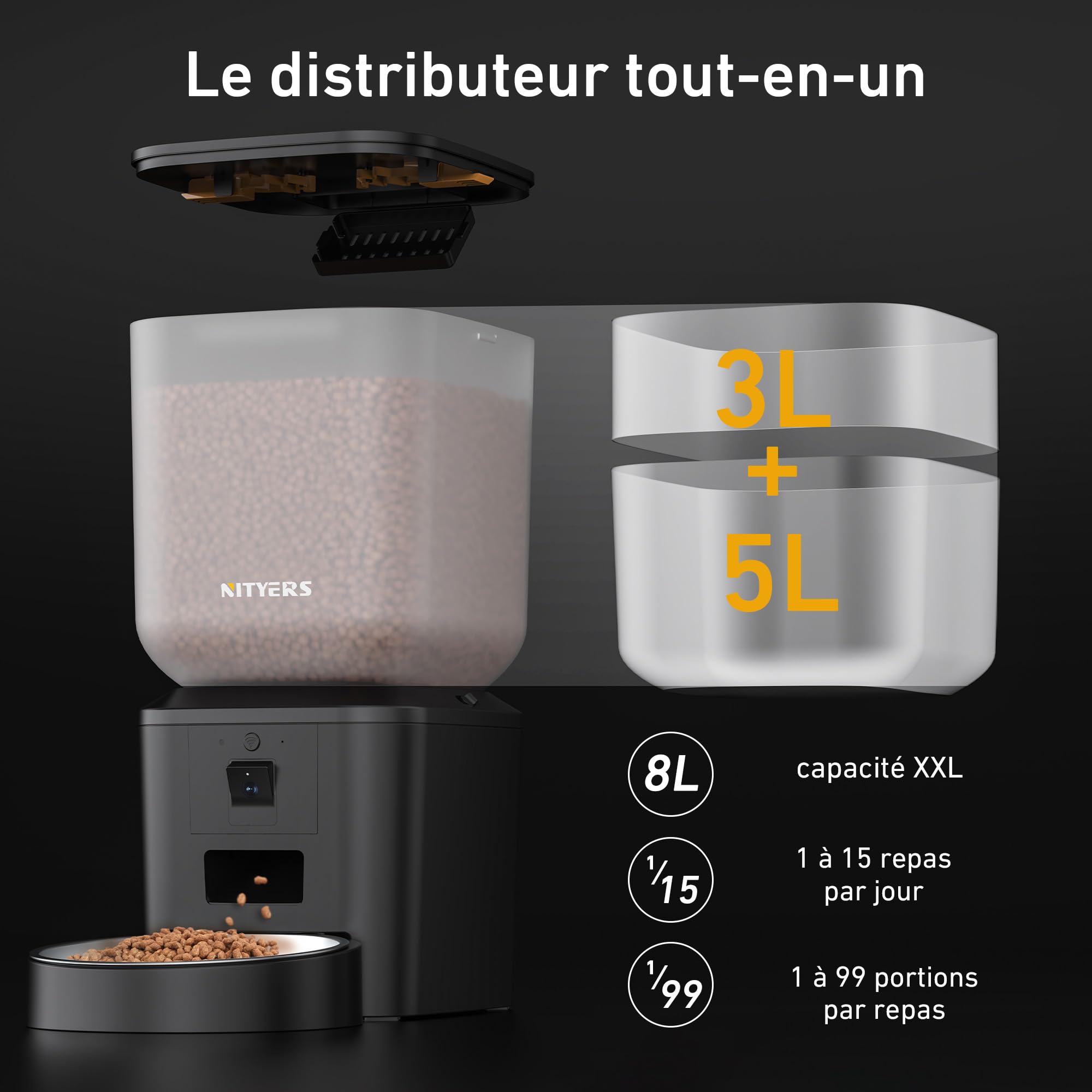 Nityers Distributeur Croquettes Chat Automatique avec Caméra, 5GHz WiFi, Vision Nocturne, Contrôle APP, Angle Caméra Réglable, Bol INOX Grand pour Chats Et Chiens