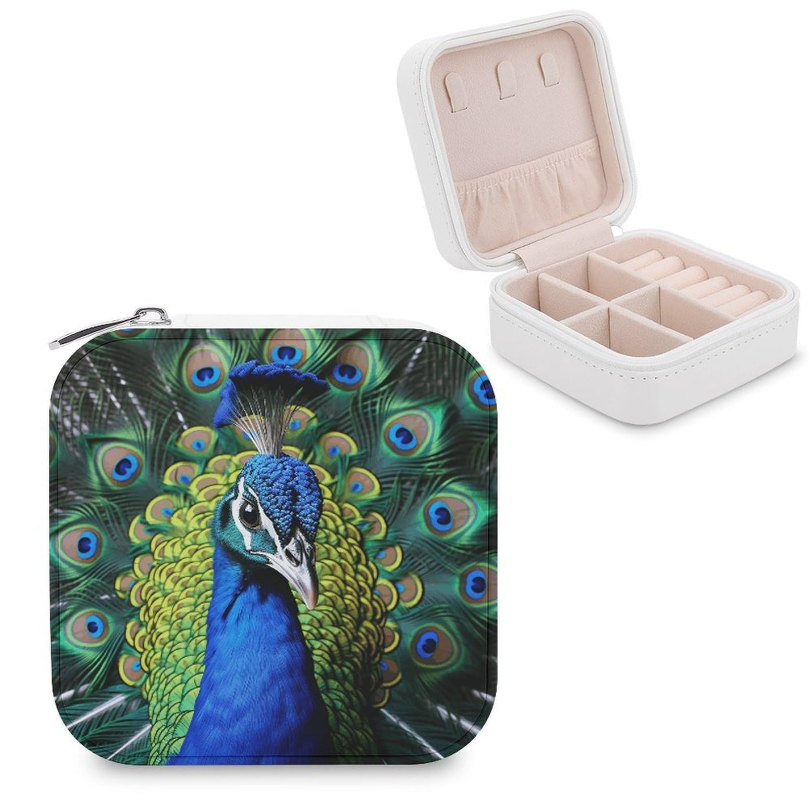VstaDank Blue Peacock Travel Jewelry Case Zipper Portable Small Jewelry Box Custom Pu Leather Mini Traveling Jewelry Organizer for Rings Earrings Necklace Bracelet Girls Women