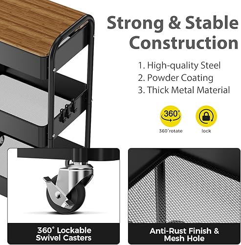 Miniatura 2 de Carrito rodante de 3 niveles con tablero de mesa, carrito de utilidad de metal, carrito organizador de almacenamiento resistente con ruedas de