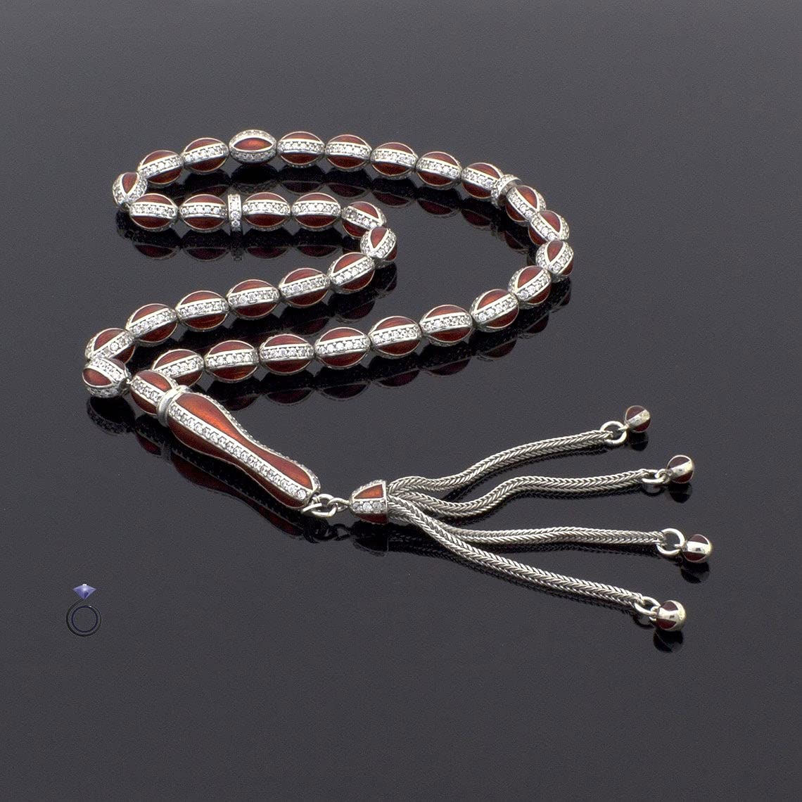 Rosario de oración de plata de ley 925 hecho a mano con esmalte rojo con microcirconita decorada con 33 cuentas, Plata esterlina, Circón