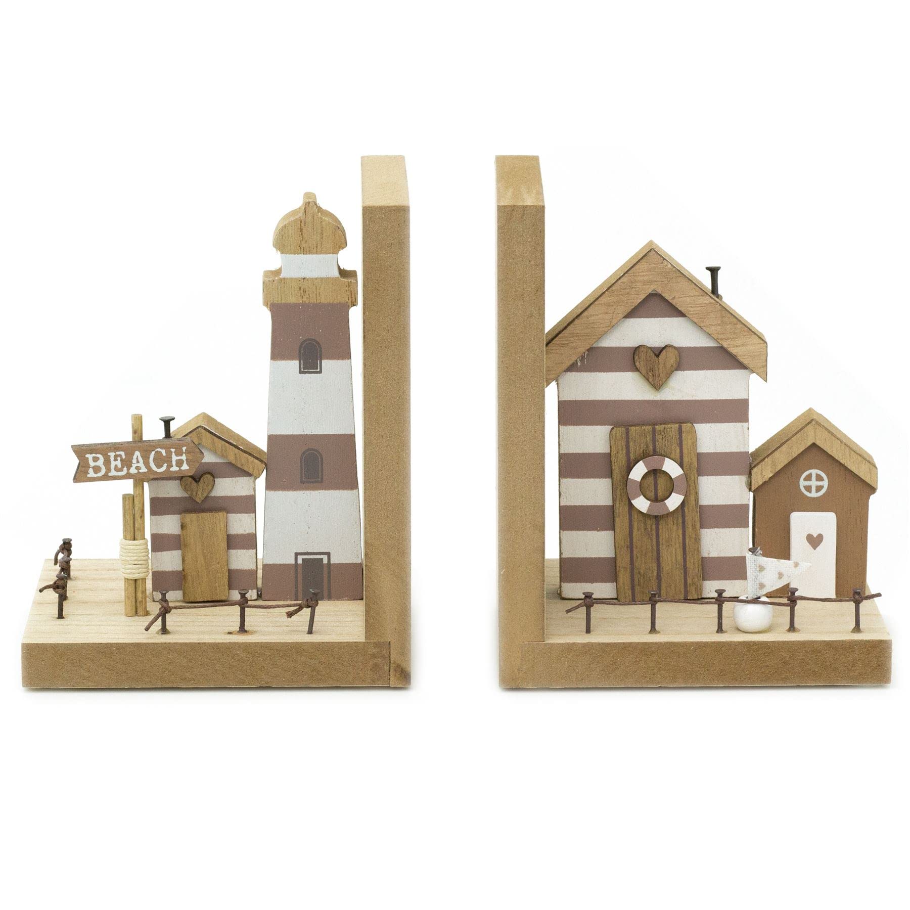 Seashore Beach House Bookends | Pair Of Coastal Cottages Wooden Nautical Bookends | 2 Beach Lighthouse Book Ends For Shelves