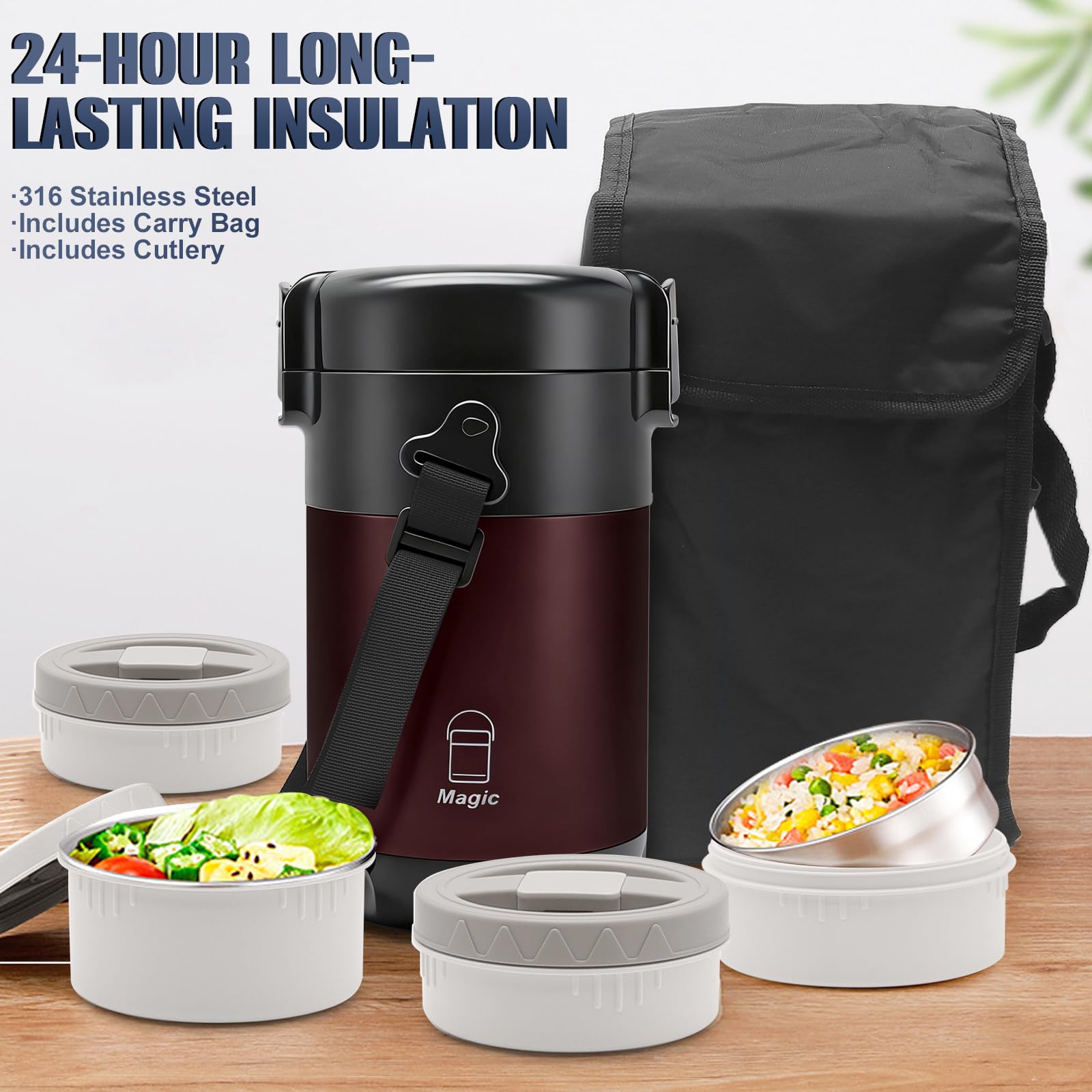 Termo para Comida Caliente 2.6L, con 4 Compartimentos Separados, Fiambrera Térmica para Comida Caliente, Con Cubiertos y Bolsa Térmica, Ideal para Trabajo, Estudiantes y Trabajadores(Rojo)