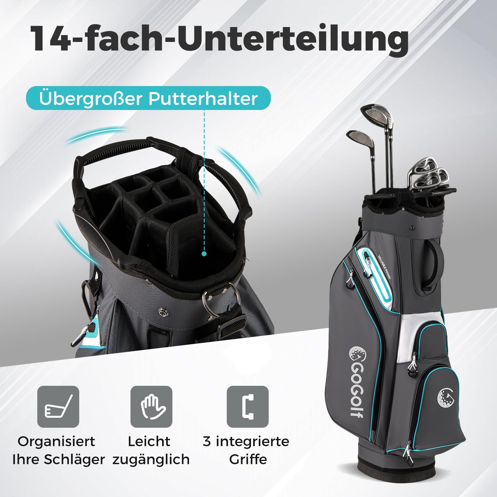 GYMAX Golftasche mit 14 Fächern, leichte Golfreisetasche mit 6 Reißverschlusstaschen, Golfreisetasche mit Handtuchhalter& Regenschirmhalter, Standtasche für Golfschläger