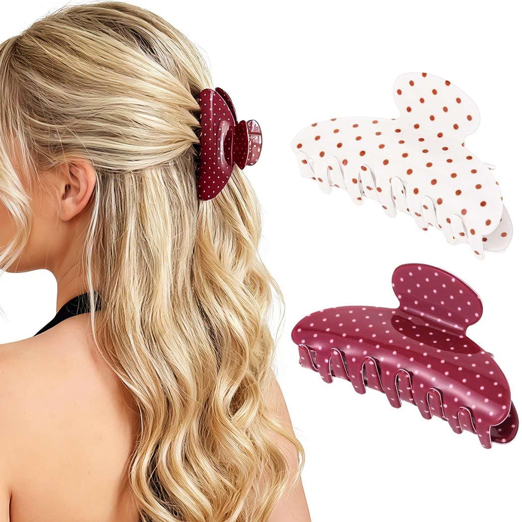 CAKURE Acrylic Hair Clips Polka Dots Claw Jaw Clips Medium Hair Claw Clip Hair Accessories for Women (Pack of 2) (b-beige&brown)