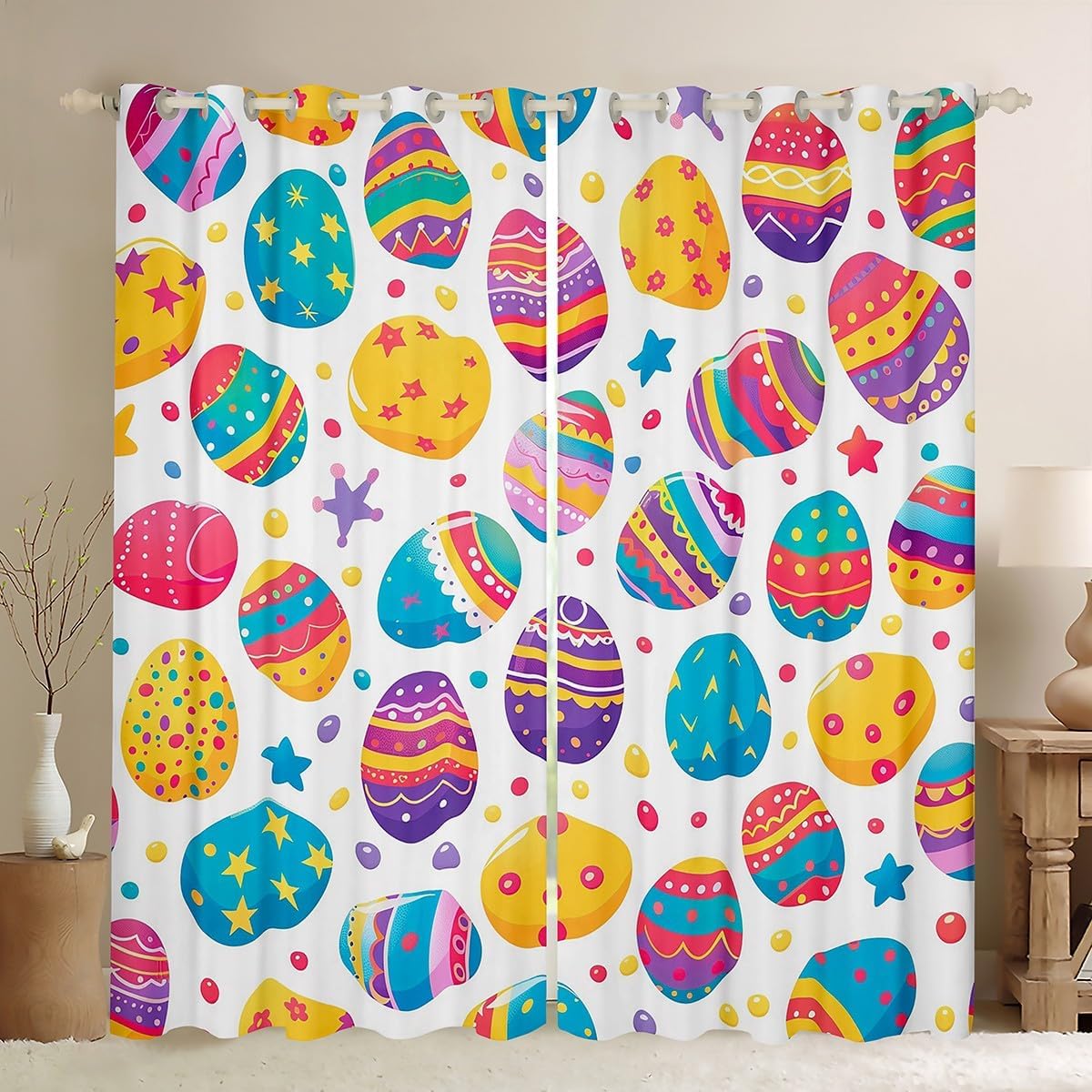 Erosebridal Easter Egg Curtains & Drapes, Happy Easter Theme Curtain 42" Wx63 L 2 Panels Watercolor Polka Dot Blackout Curtains for Kids Girls Boys Teens Women, Rainbow Cartoon Window Treatments