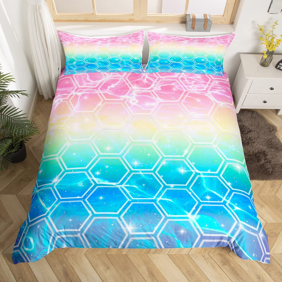 Loussiesd Honeycomb Duvet Cover Hexagonal Comforter Cover Beehive Geometrical Bedding Set For Kids Adults Gradient Blue Pink Yellow Bedspread Cover Soft Modern Galaxy King Size Bedclothes Zipper — image 1