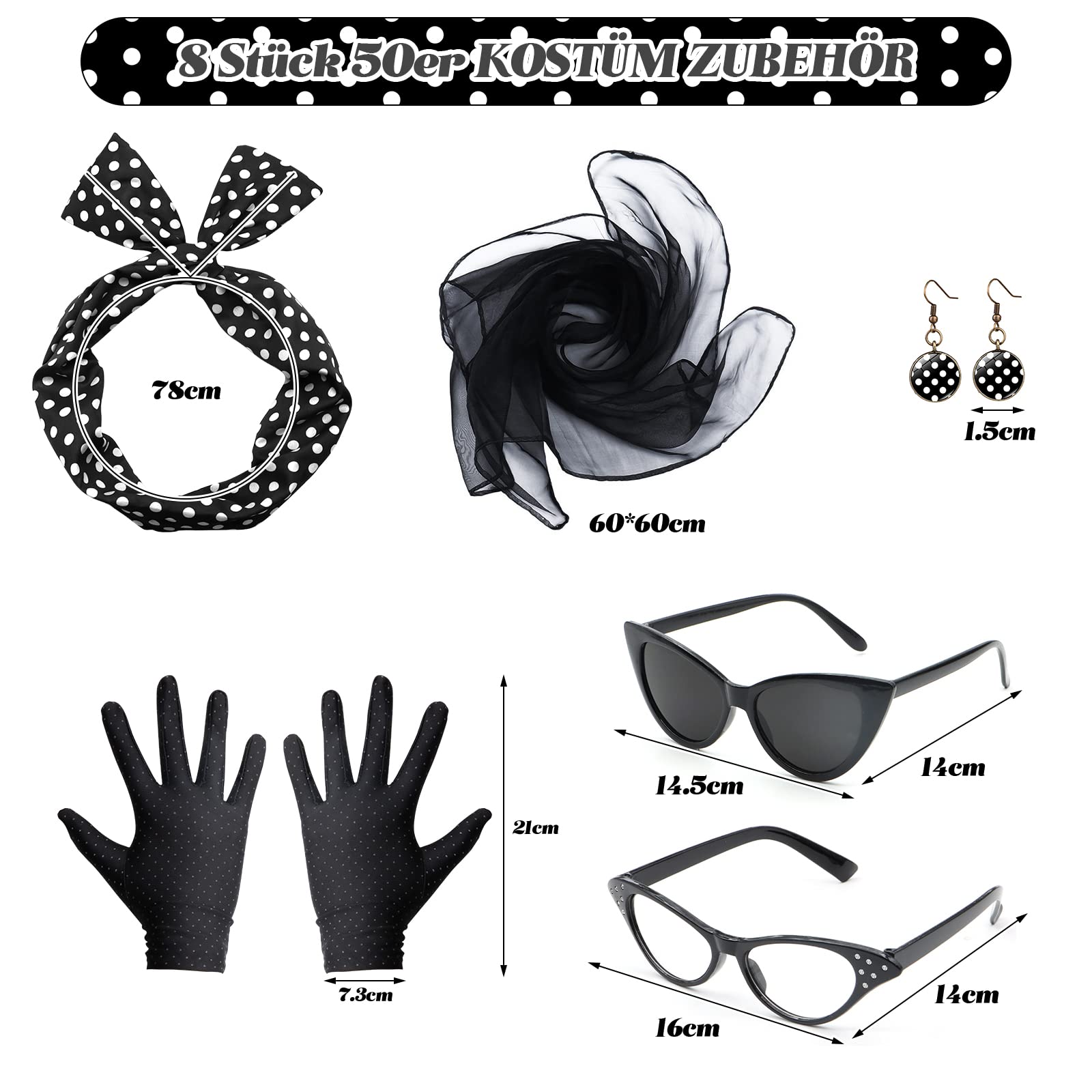 VEGCOO 6 Teiliges Rockabilly Accessoires Damen,50er Jahre Kostüm Damen Vintage Kleidungszubehör einschließlich Stirnband Handschuhe Brillen Requisiten Set