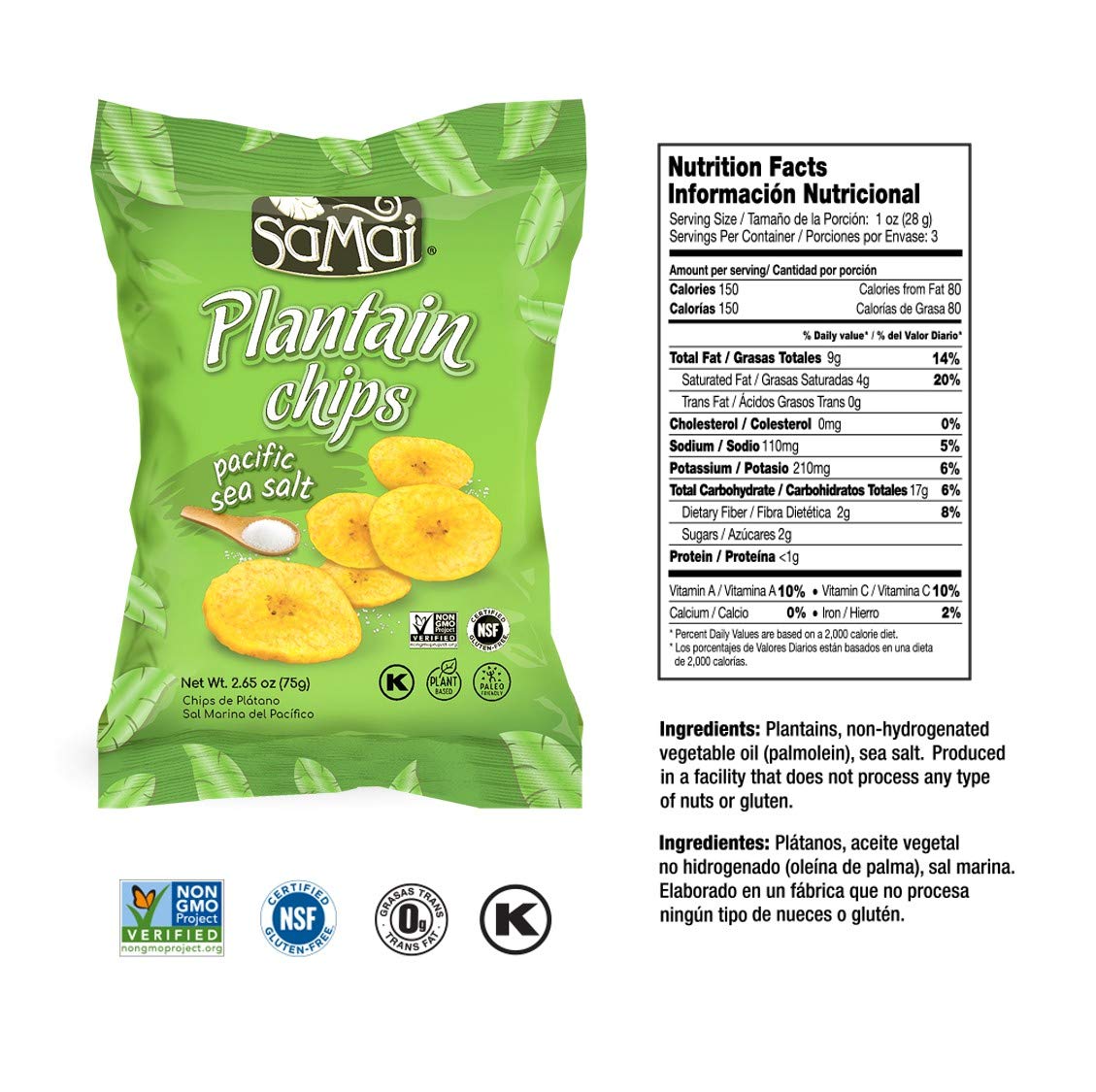 Samai Chips de Plátano con Sal 75g | Pack 15 uds | Snack Crujiente y Natural | Sin Gluten, Vegano