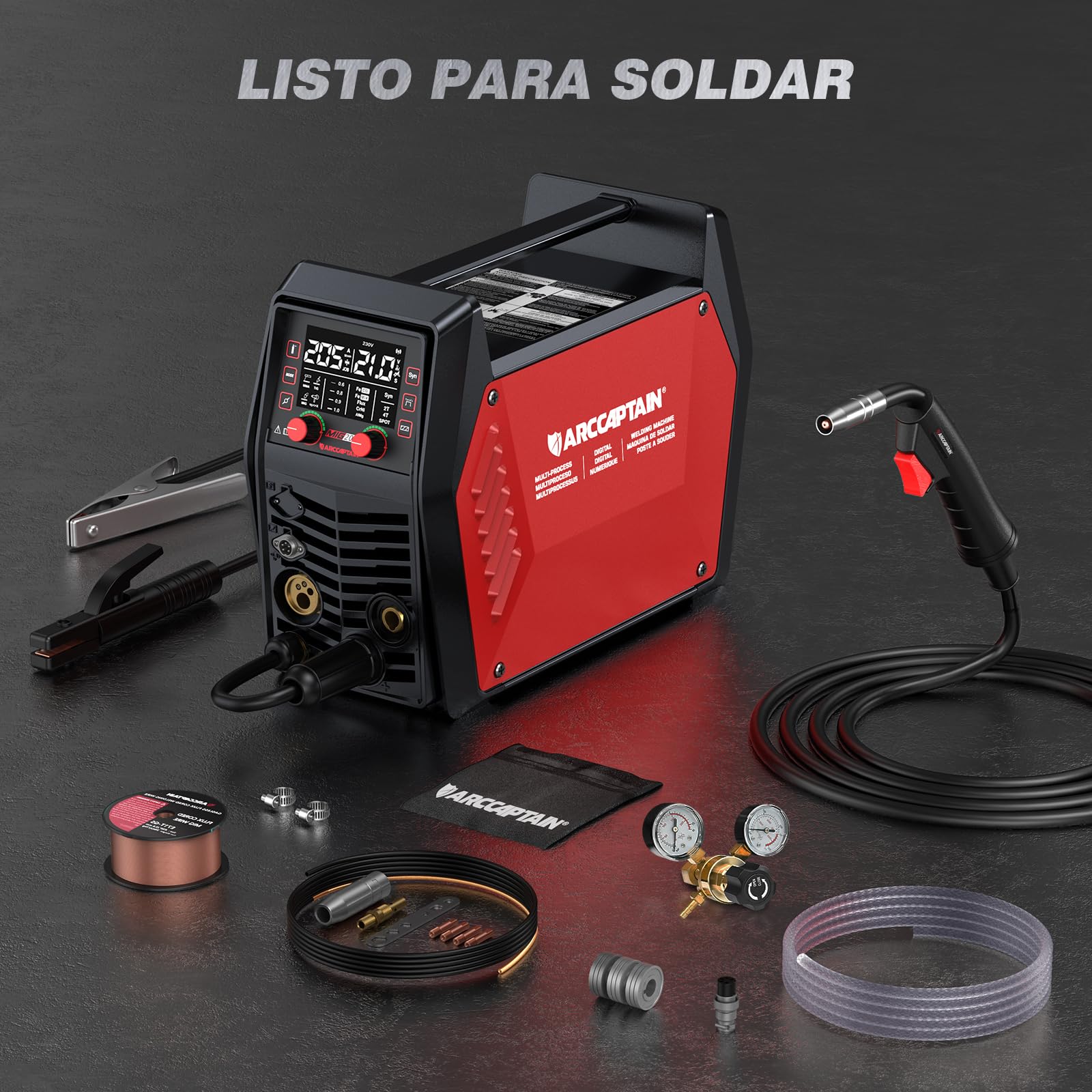 ARCCAPTAIN 205A Soldador Maquina de Soldar 6 en 1 con control APP iControl Sin Gas MIG/Gas MIG/MMA E-Hand/Lift TIG/Compatible con Spool Gun/Soldadura por puntos, Soldador Inverter IGBT 230V