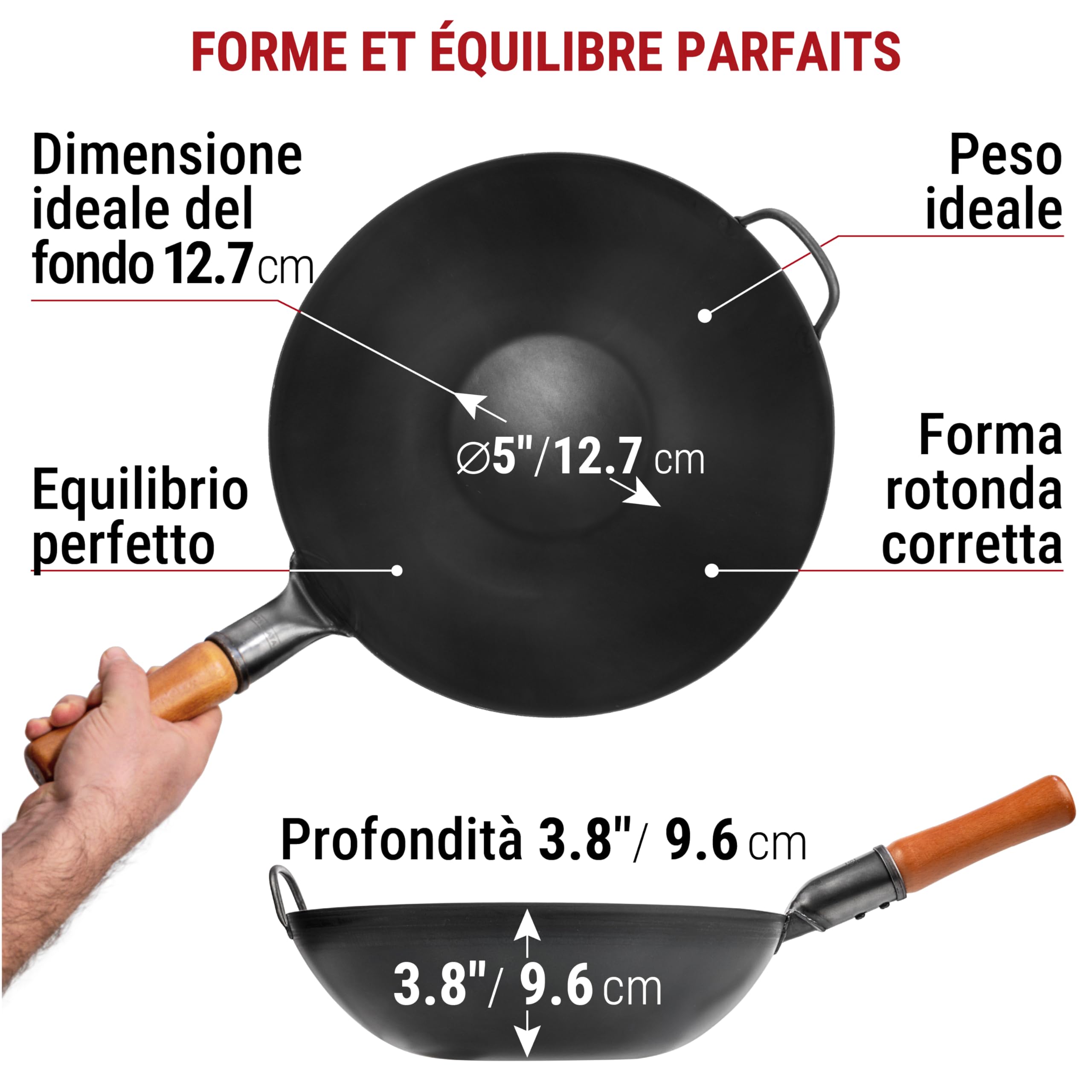YOSUKATA Wok Padella Professionale 34 cm - Tradizionale Wok Acciaio al Carbonio Fondo Piatto Precondizionato Cinese Originale - Adatto a Gas, Induzione, Elettrico e Fuoco Aperto (Nero)