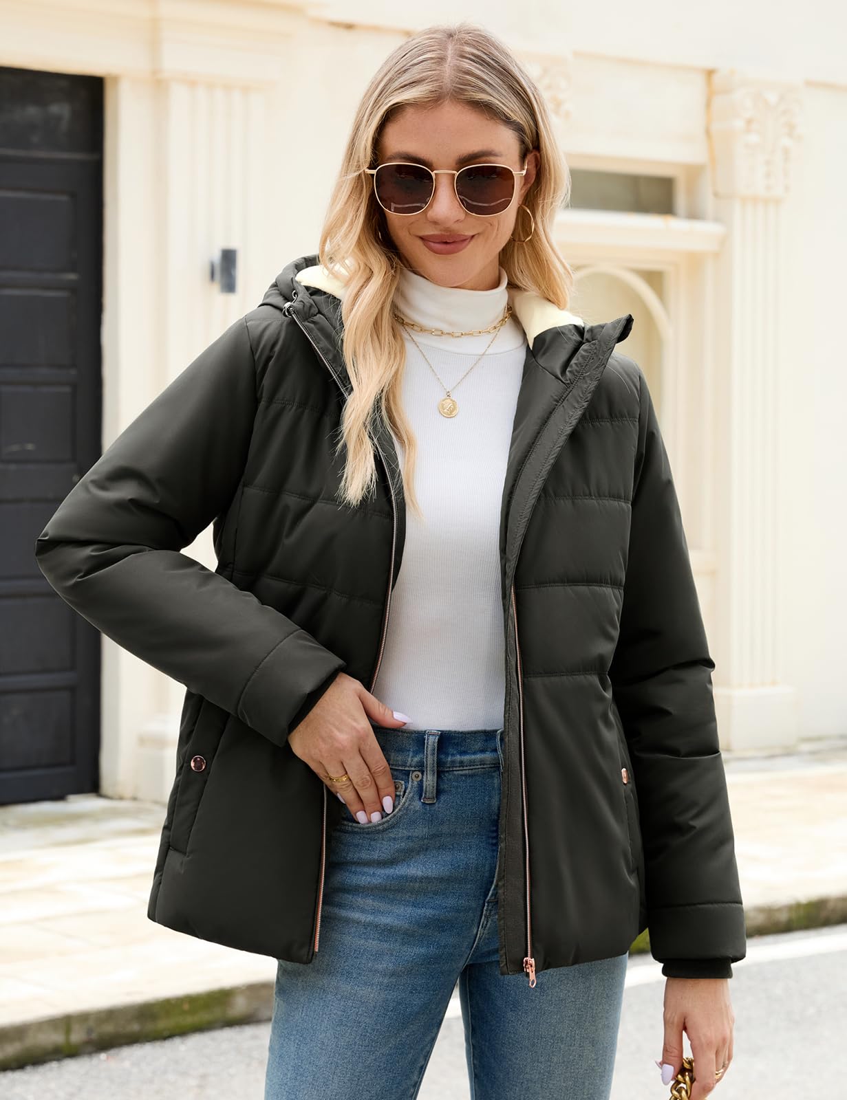Giacca da Donna Invernale Mezza Stagione Cappuccio con Cappuccio Elegante Giacca Giubbino Imbottito Autunno Invernali Giubbotto Caldo Parka Casual Outwear con Tasche