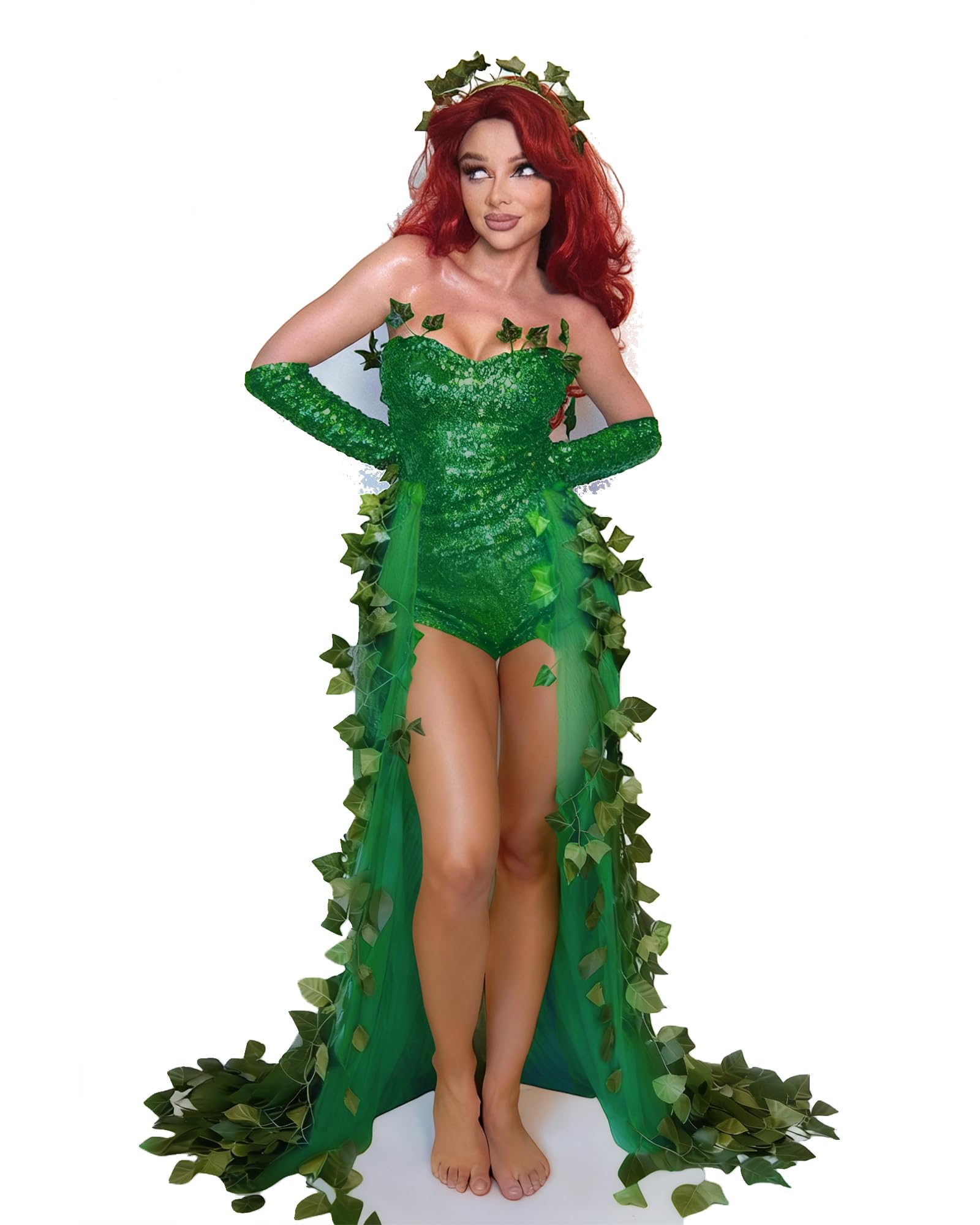 Women Green Poison Ivy Cosplay Costume Fake Leaves Sequin Dress (B-01, M)