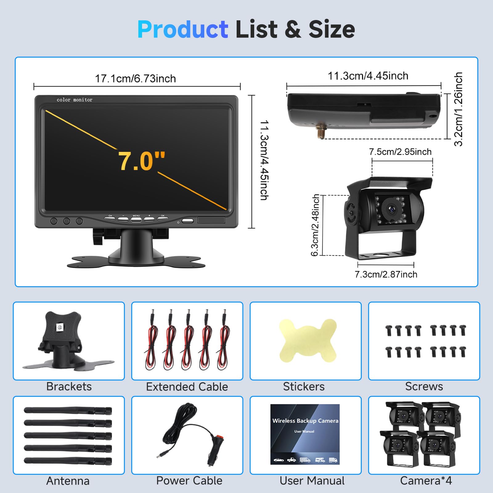 Kit di quattro telecamere posteriori 1080P HD senza fili, monitor LCD da 7 pollici con 4 telecamere di backup per rimorchi camper camion auto bus, linee guida, IP68, visione notturna, 12V-36V