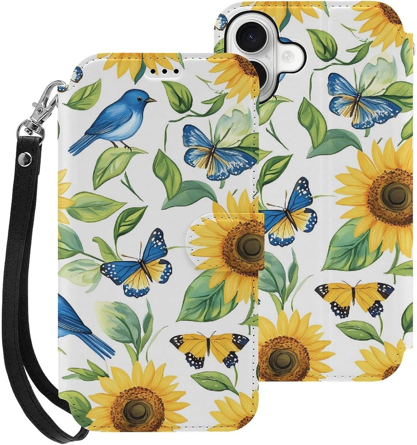 Blue Jay Birds Sunflowers Butterfly Compatible with iPhone 16/16 Plus/16 Pro/16 Pro Max/16 E Case Phone Wallet Card Holder Flip Cover with Wrist Strap
