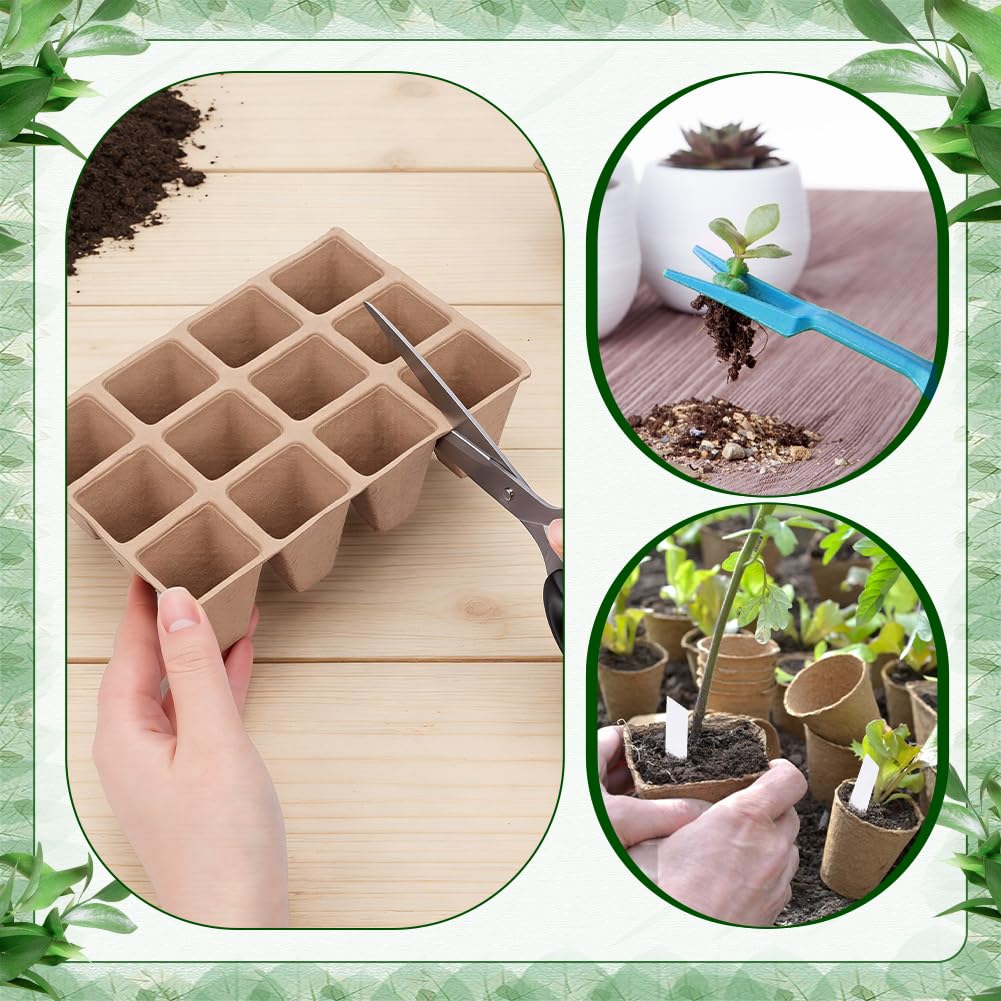 Pots de Tourbe biodégradables Plateau de Semis à 720 alvéole Kit de Démarrage de Semis Biodégradable (60 Paquet) Comprenant 600 étiquettes en Plastique PVC et 8 repiquages pour Semis
