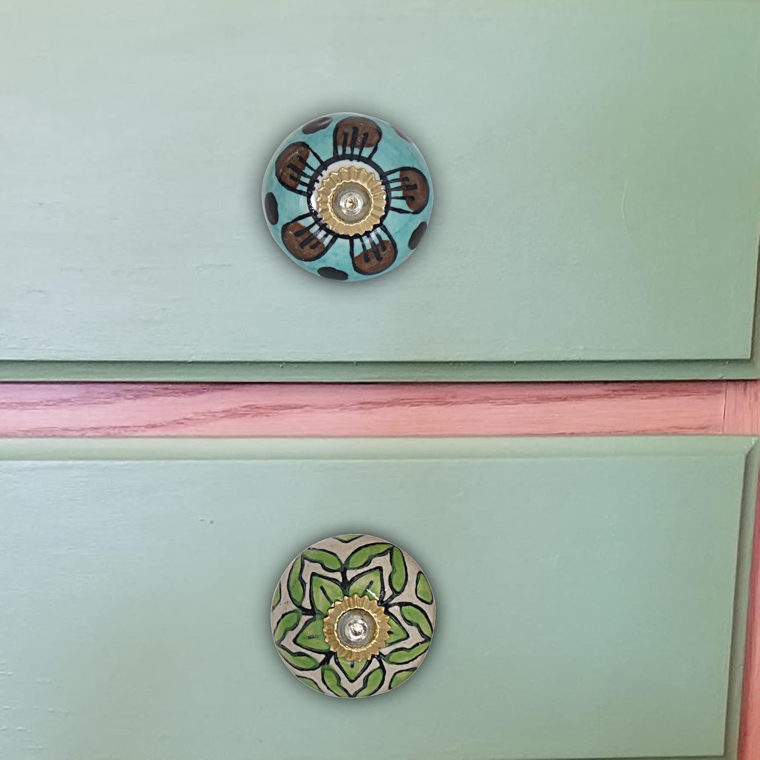 Cabinet Knobs and Pulls - Indian Vintage Pottery Ceramic Kitchen Cupboard Drawer Handle Interior Decor Furniture Hardware (Assorted Designs, Pack of 12)