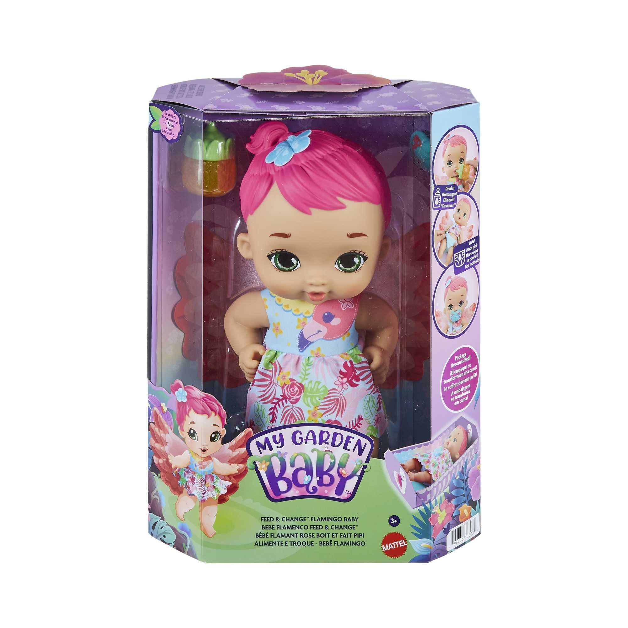 Mattel My Garden Baby Poupée Bébé Flamant Rose, Boit Et Fait Pipi (30Cm), Avec Couche Réutilisable, Biberon Et Accessoires, Jouet Enfant, Dès 1 An, HPD12