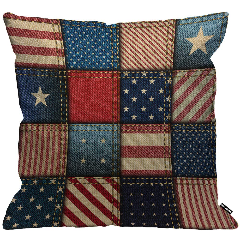 Yingd Blue/Red American Flag Cushion Cover,Patchwork Of American Flag Square Denim Stars And Throw Pillow Case Home Decorative 45Cm X 45Cm