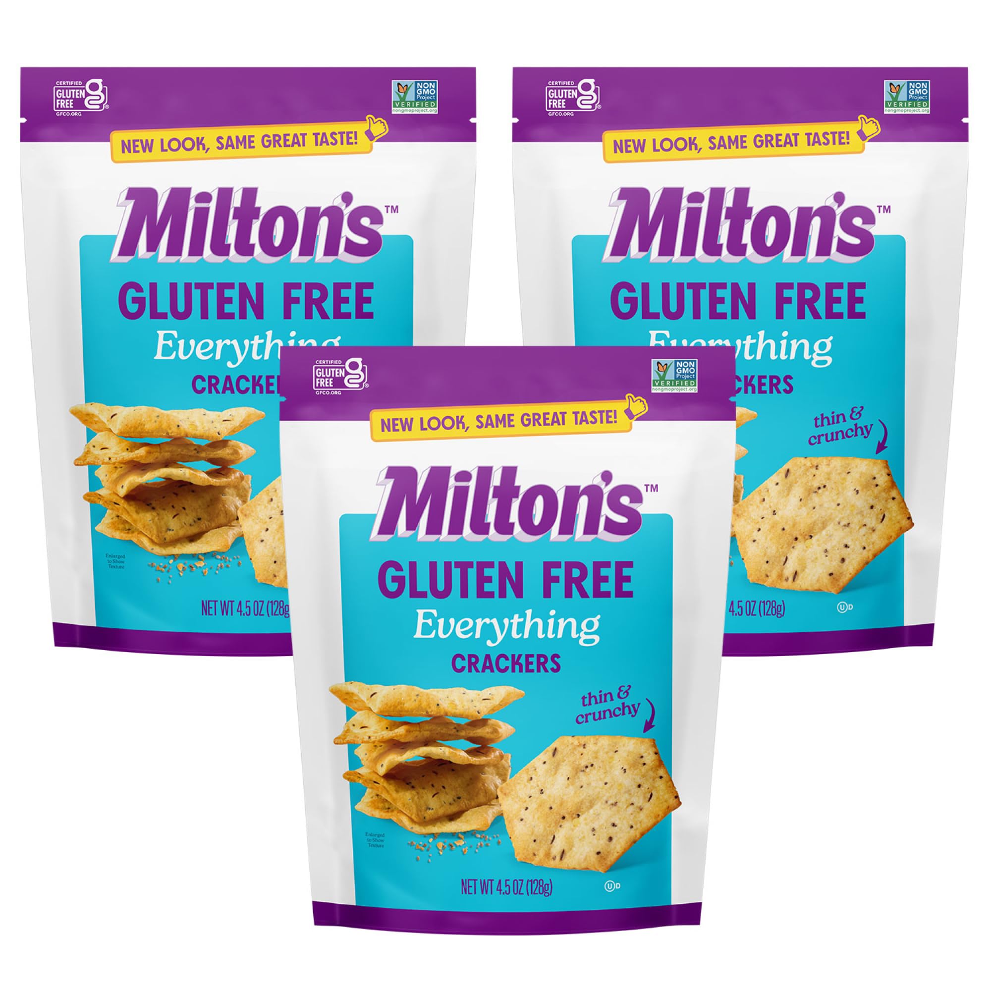 Milton's Gluten Free Crackers, Everything - Everything Bagel Inspired, Non-GMO Project Verified, Kosher, Certified Gluten Free Snack, 7 Grains In Every Bite - 4.5 Oz, Pack of 3