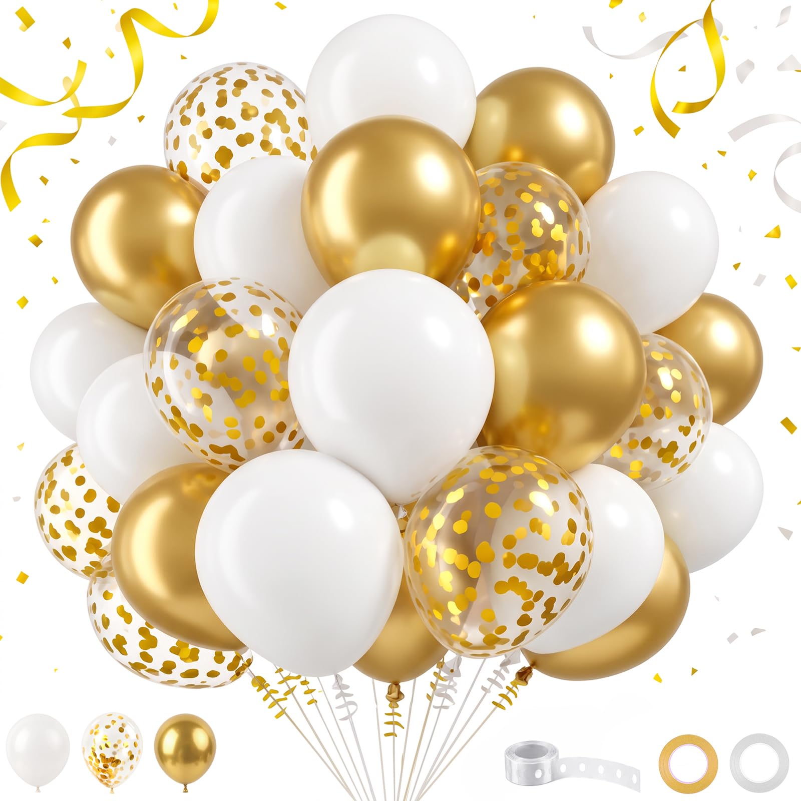 Gold and White Balloons 50 Pack - 12 Inch Thick Latex Party Balloons