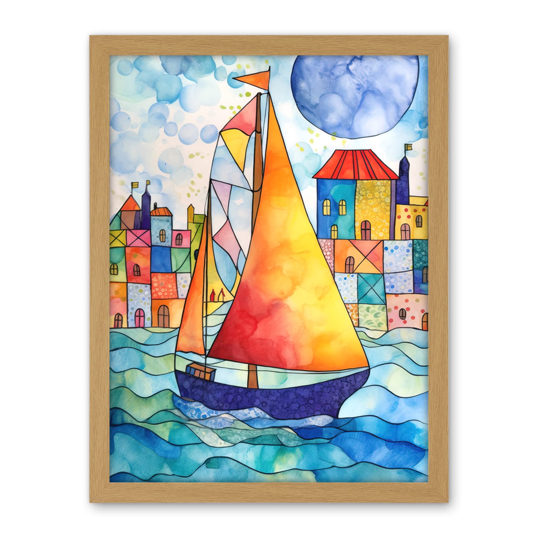 Artery8 Sailboat By Harbour Folk Art Artwork Framed Wall Art Print 18X24 Inch