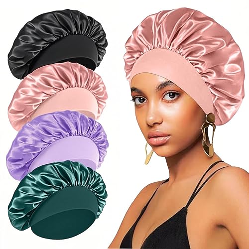Miniatura 8 de 4 gorros de seda para dormir, gorros de satén para el cabello para mujeres y hombres negros, gorro envolvente para cabello rizado, gorro de ducha