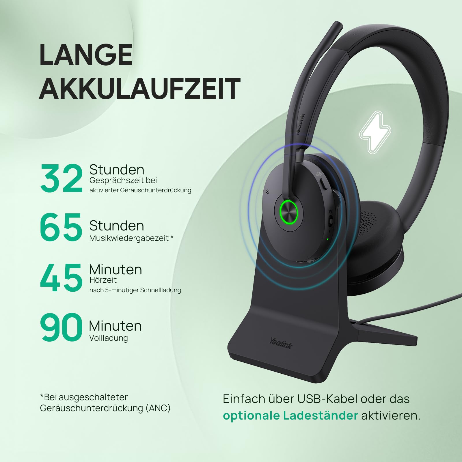 Yealink BH74 ANC Kabelloses Headset mit Mikrofon, 6-mics KI-Geräuschunterdrückung, Flip to Mute& Dongle, 32 Stunden Sprechzeit,Teams Zertifiziert, Komfort Business Kopfhörer für Homeoffice, Callcenter