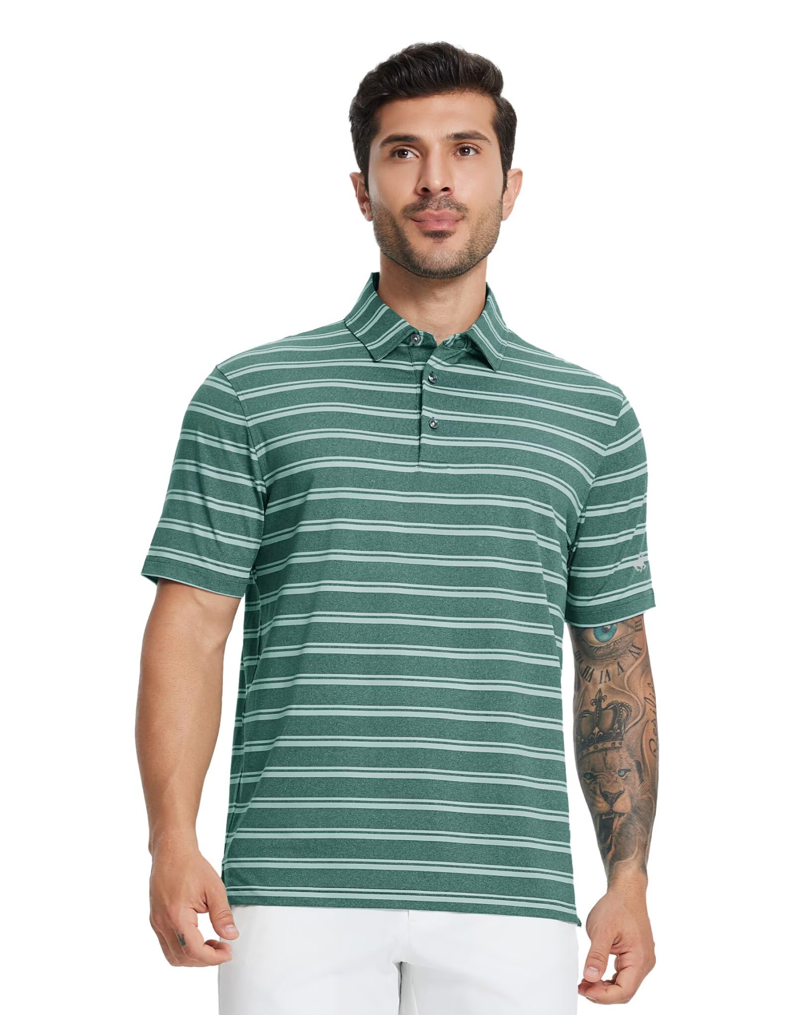 MICHEL ROUEN Mens Golf Polo Shirts Quick Dry Business Stretch Lightweight Soft Striped Collared Mens Golf Shirts