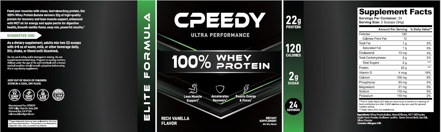 Advanced 100% Whey Protein Isolate Powder, Vanilla – 22g Protein, MCT Oil, Apple Pectin, Stevia Sweetened, Non-GMO, Vegetarian, Muscle Recovery & Growth