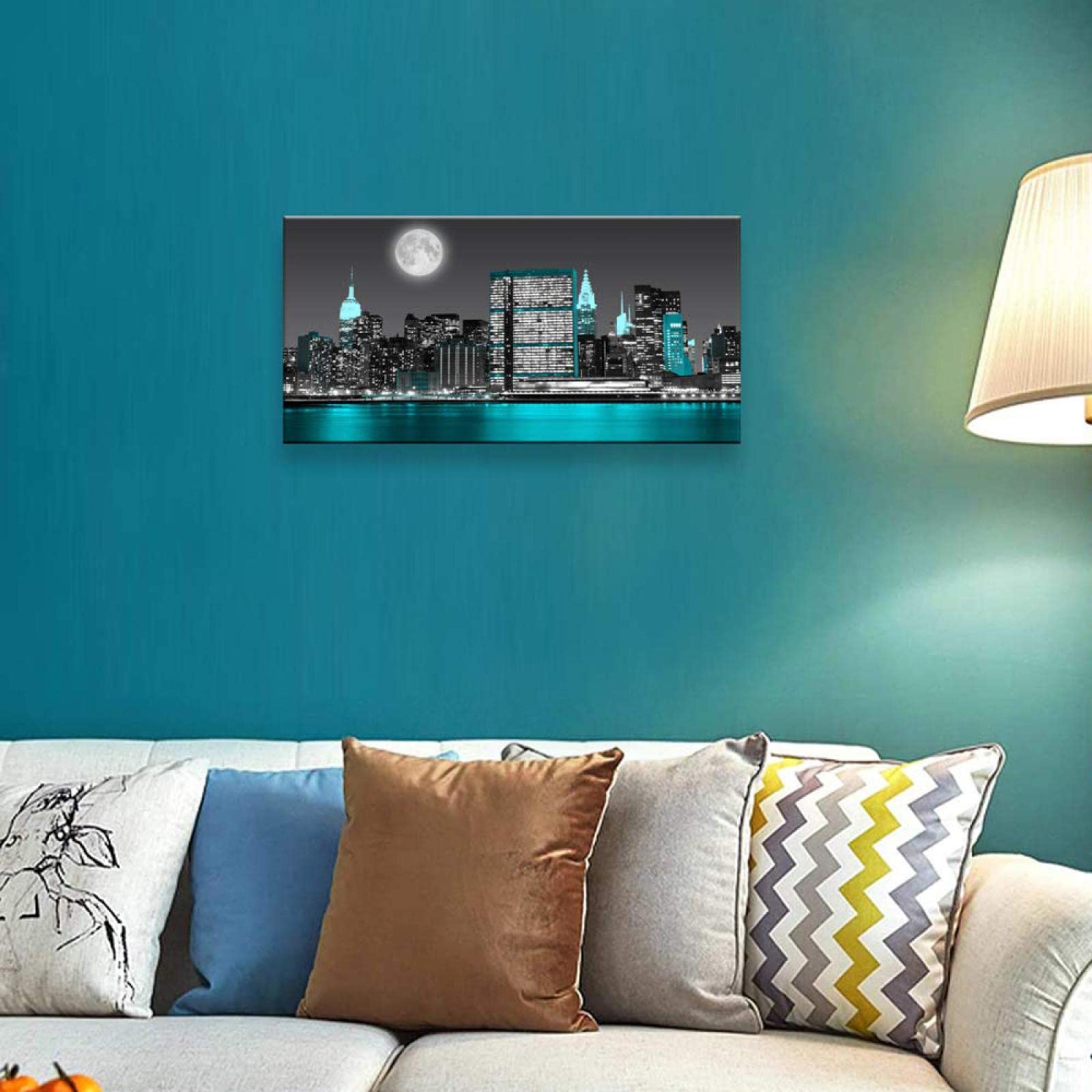 Księżyc Empire State Skyline Budynek miejski Krajobraz Obrazy panoramiczne na płótnie-Natura Plakat Sztuka Druki - Płótno Sztuka ścienna Wydruk do salonu Dekoracja 80 x 160 cm (32 x 63 cale) bez ramy