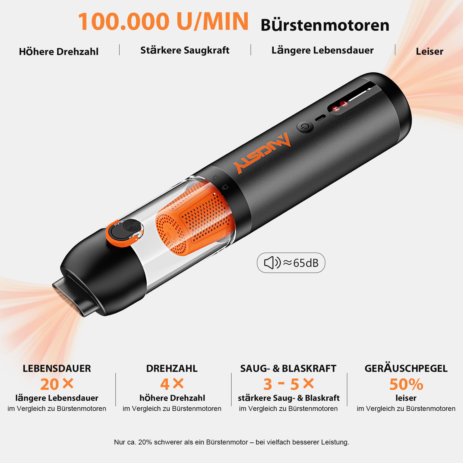 Handstaubsauger Akku 30000Pa, 4-in-1 Akku-Autostaubsauger Bürstenloser Motor, Auto Staubsauger Stark Handstaubsauger Auto 7800-mAh-Akku 50 Min Laufzeit 1,5 Std Schnellladung Aluminiumgehäuse