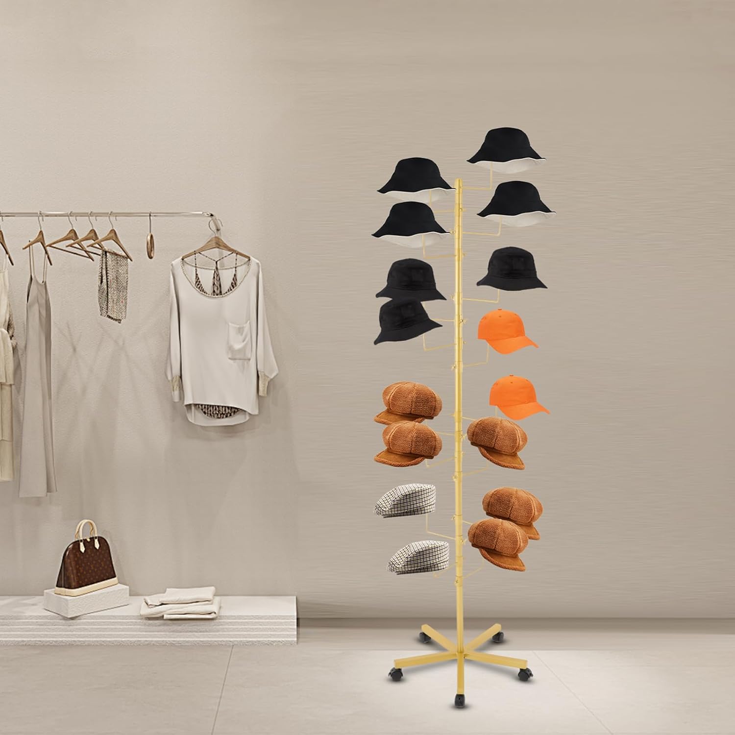 70 In Hat Display Rack Stand with 16 Cap Position, Freestanding Hat Holder Storage Organizer, Floor Stand Display Holder Headwear Retail for Organizing Multiple Hat/Wig Rack (Gold)