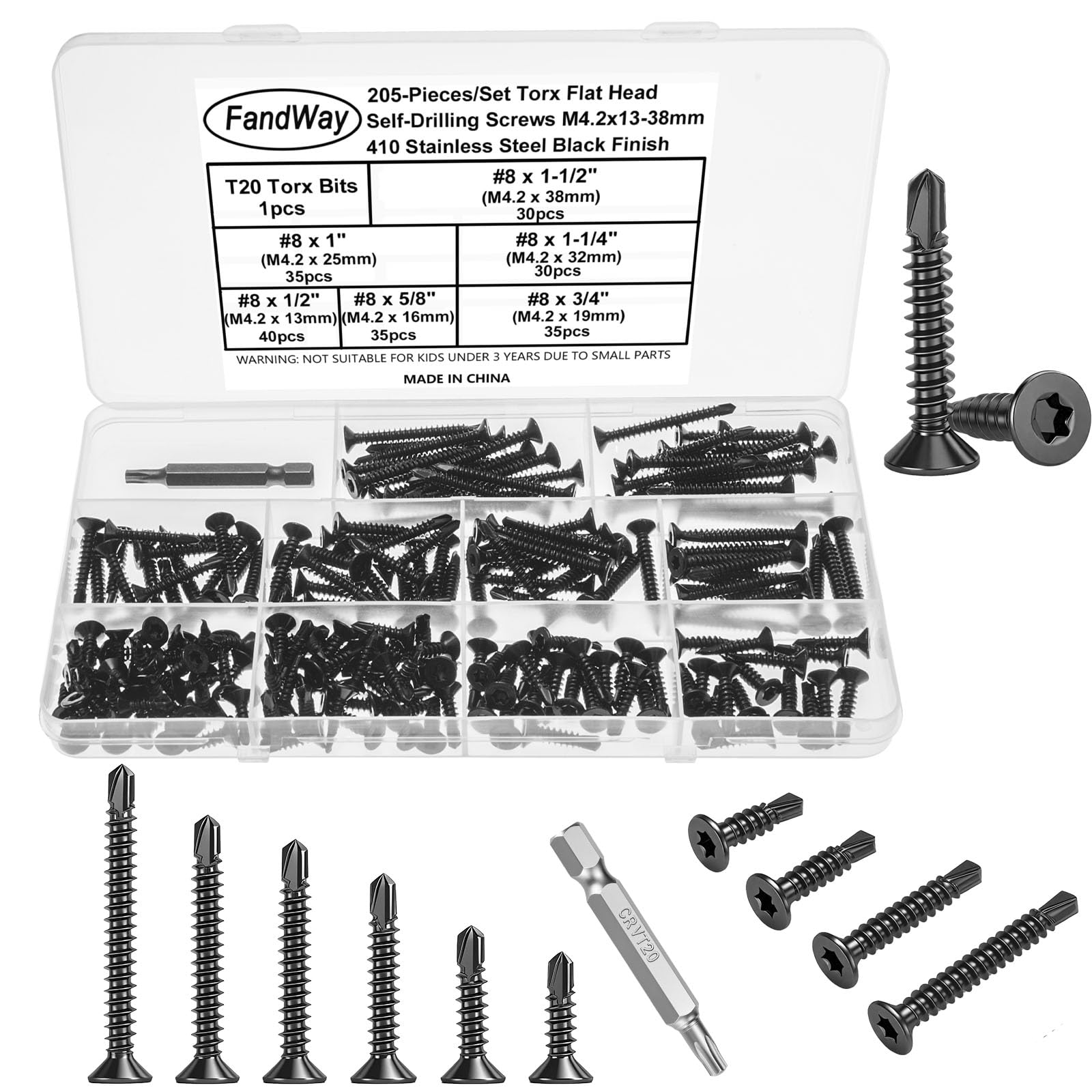 FandWay 205 Pcs Torx Self Tapping Screws Metal,M4.2x13~38mm Torx Countersunk Self Drilling Screws,Flat Head Sheet Metal Tek Screw 410 Stainless Steel Black Coating With 1 T20 Bits For Metalwork