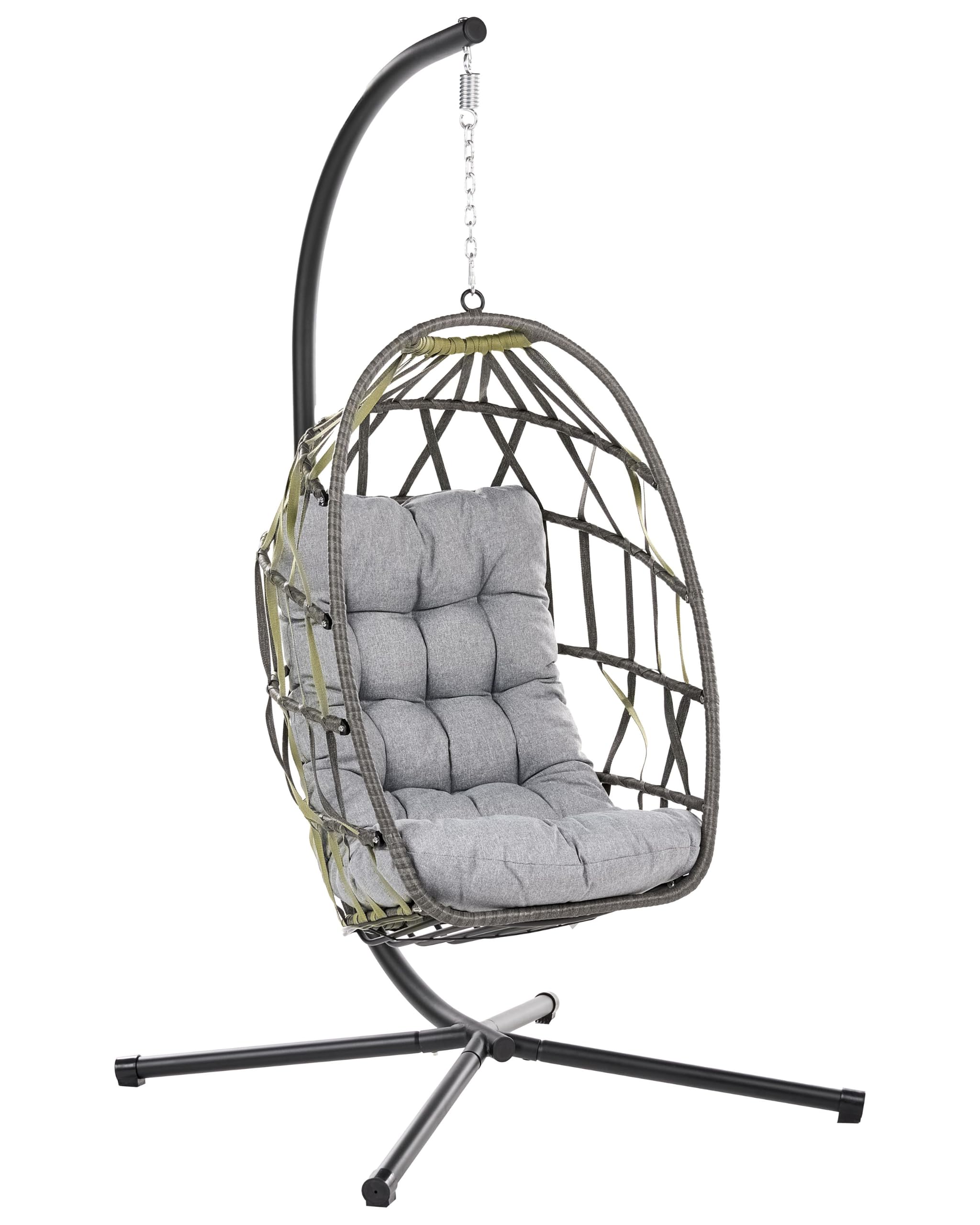 Sillón Colgante Columpio Estilo Boho de ratán sintético Soporte de Metal Cadena con cojín Mullido Gris Godrano
