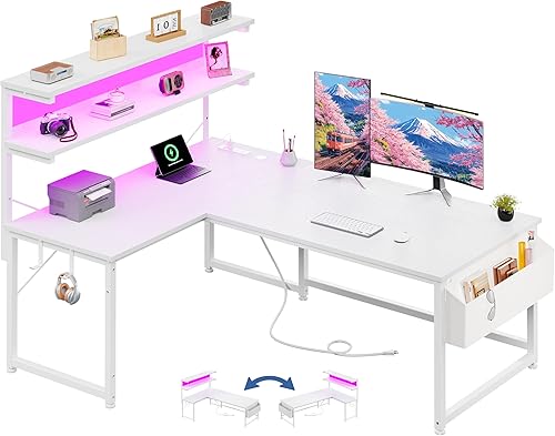 Escritorio para computadora en forma de L con luz LED y toma de corriente, escritorio reversible en forma de L de 43.3 pulgadas para juegos con