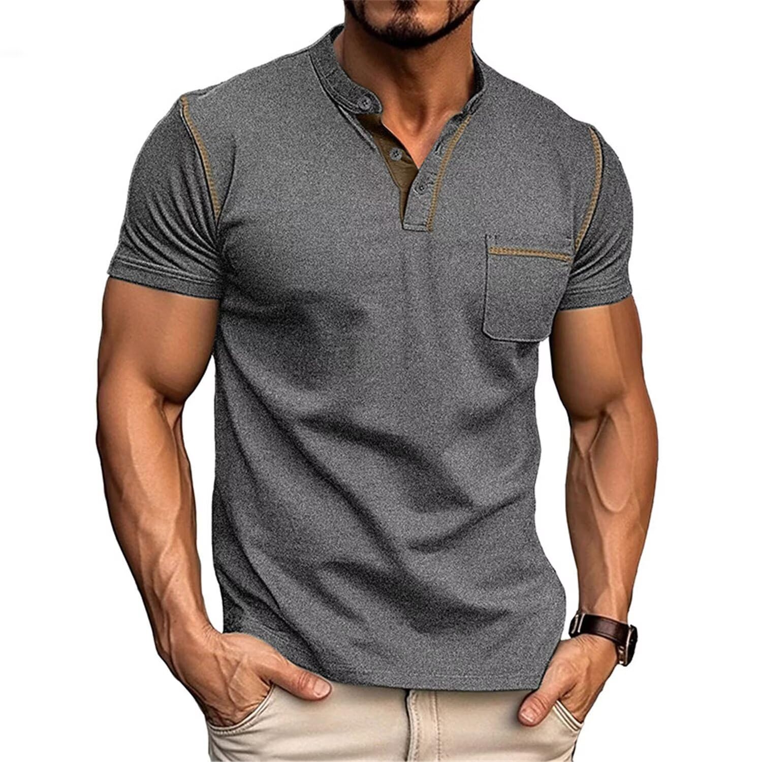 Camisa Henley Ligera de Manga Corta para Hombre, Casual, Elegante, con Botones, de algodón, Gris Oscuro, Small