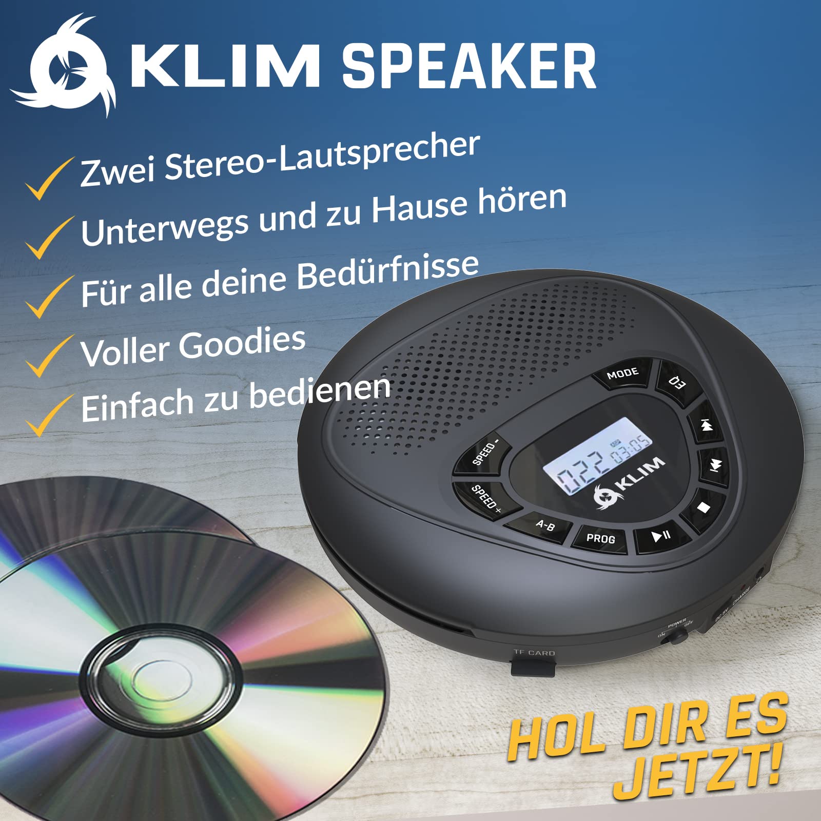 KLIM Speaker - CD Player mit Lautsprecher - NEU - Wiederaufladbarer Akku - Tragbarer CD-Spieler mit Kopfhörern - SD/TF-Karte - AUX - Idealer Auto-CD-Spieler - CD Player tragbar mit Lautsprecher