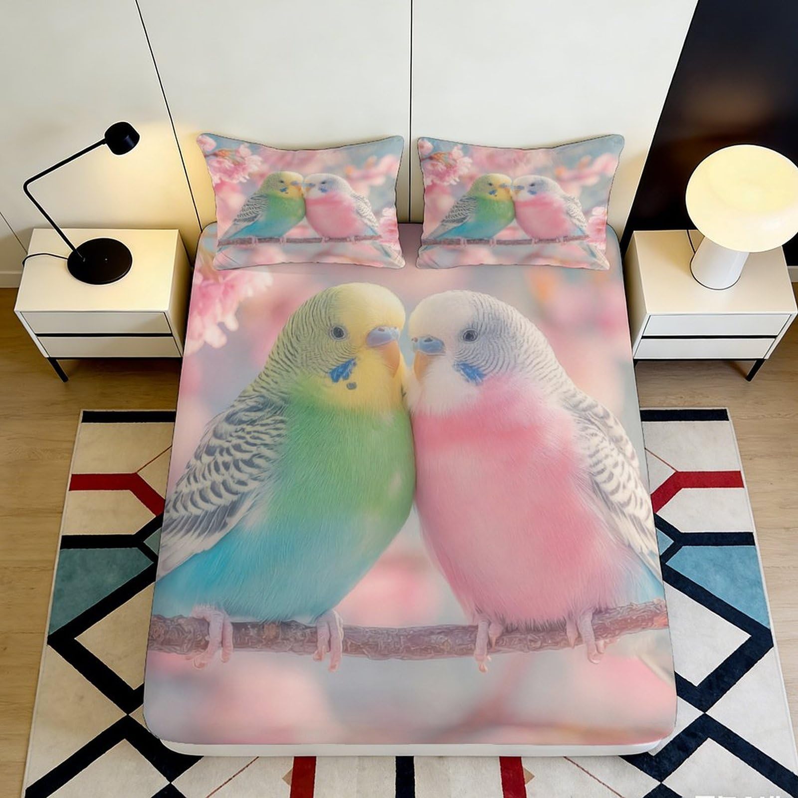 Uynsixtme Style-7 3D Printed Parrot Pattern Fitted Sheet Microfiber Non-Slip Deep Pocket Bedroom Parrot Mattress Fitted Cover Washable 140X200x25cm