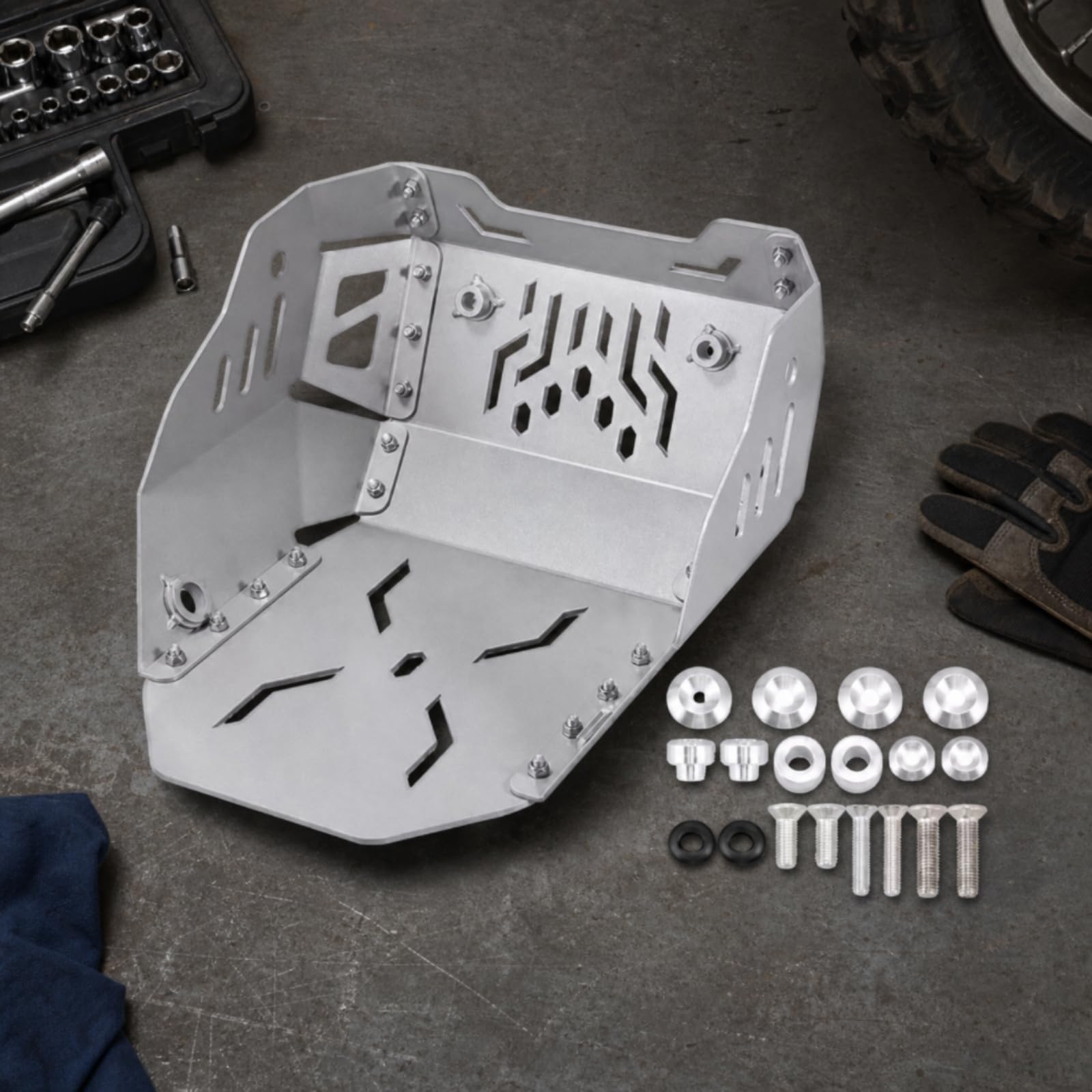 Motorcycle Engine Guard Piastra Paramotore Protezione Motore Scudo Sottoscocca Paraschizzi in Lega di Alluminio per Componenti Inferiori con Fori, Argento