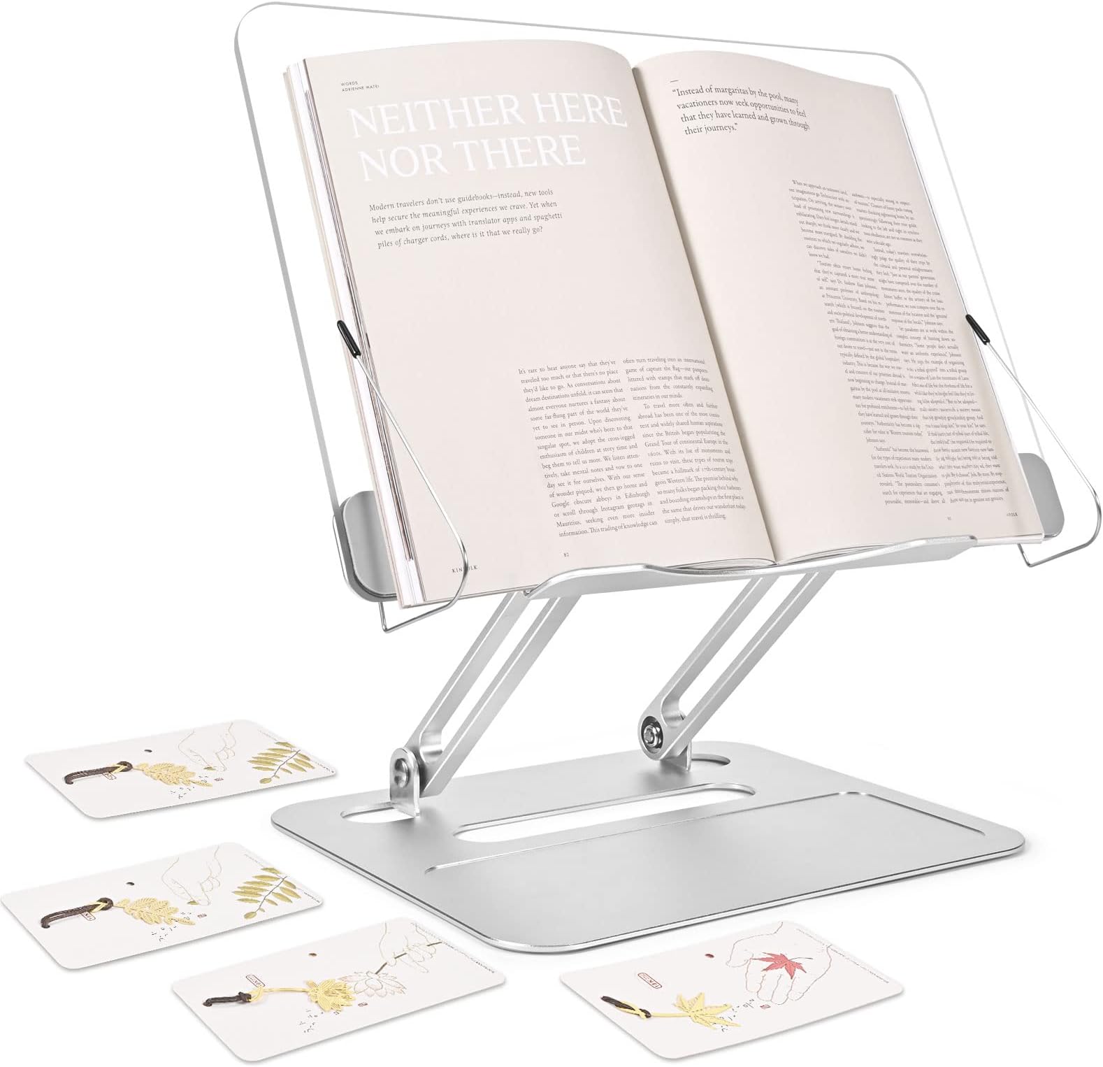 R7 Acrylic Book Stand for Reading Hands Free, Adjustable Desk Cookbook Stand, Laptop Stand Transparent, Foldable, Retractable Page Clips,Height&Angle Adjustable