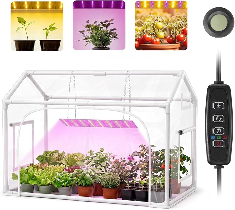 Mini invernadero interior con luces de cultivo y temporizador 3 modos de color de luz | Tienda de campaña de PVC engrosada, Base impermeable, Kit de gabinete portátil para invernadero para semillas de plantas a partir de 30 pulgadas de largo x 16,5 pulgadas de ancho x 20,5 pulgadas de alto